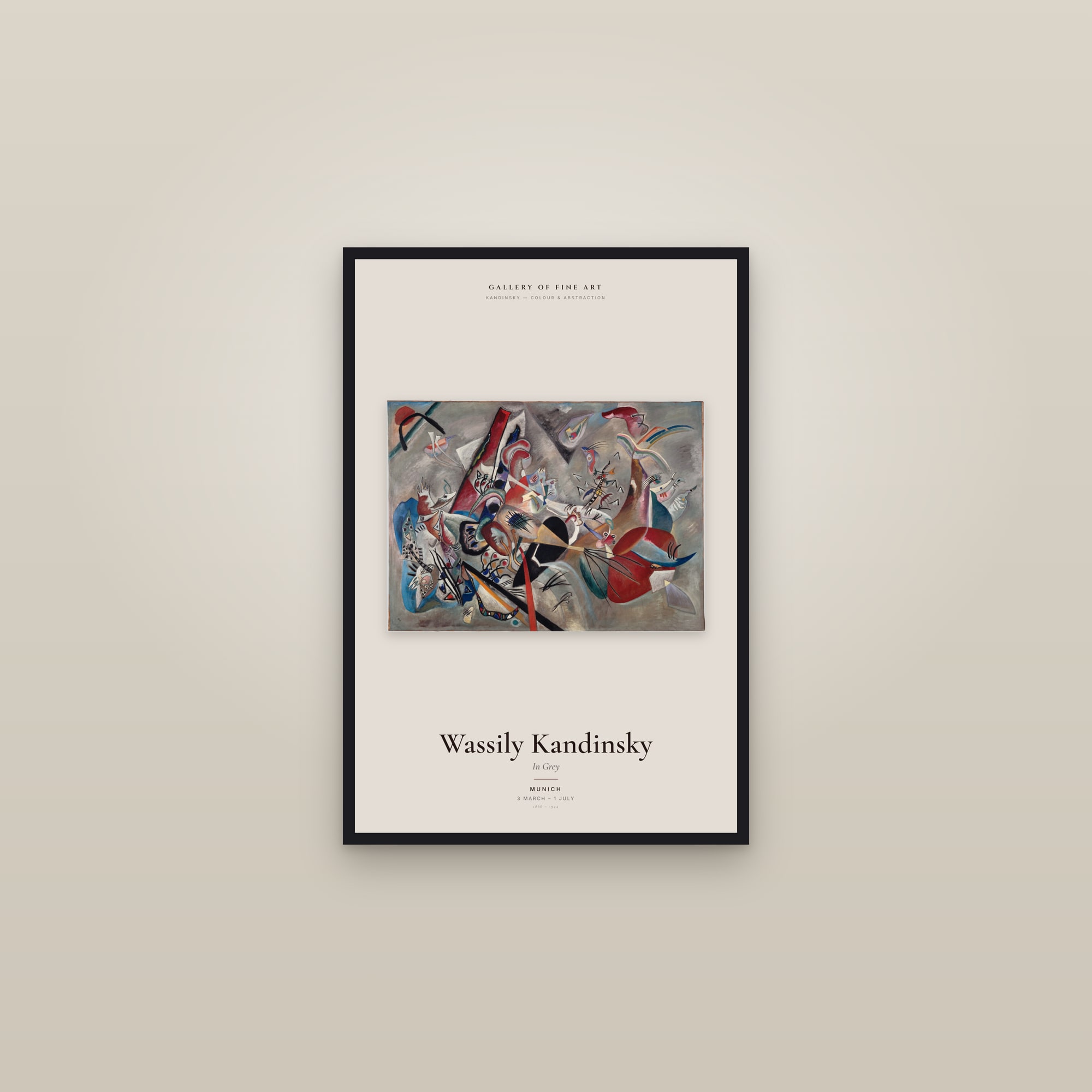 In Grey — Exhibition Poster — framed in a gallery setting