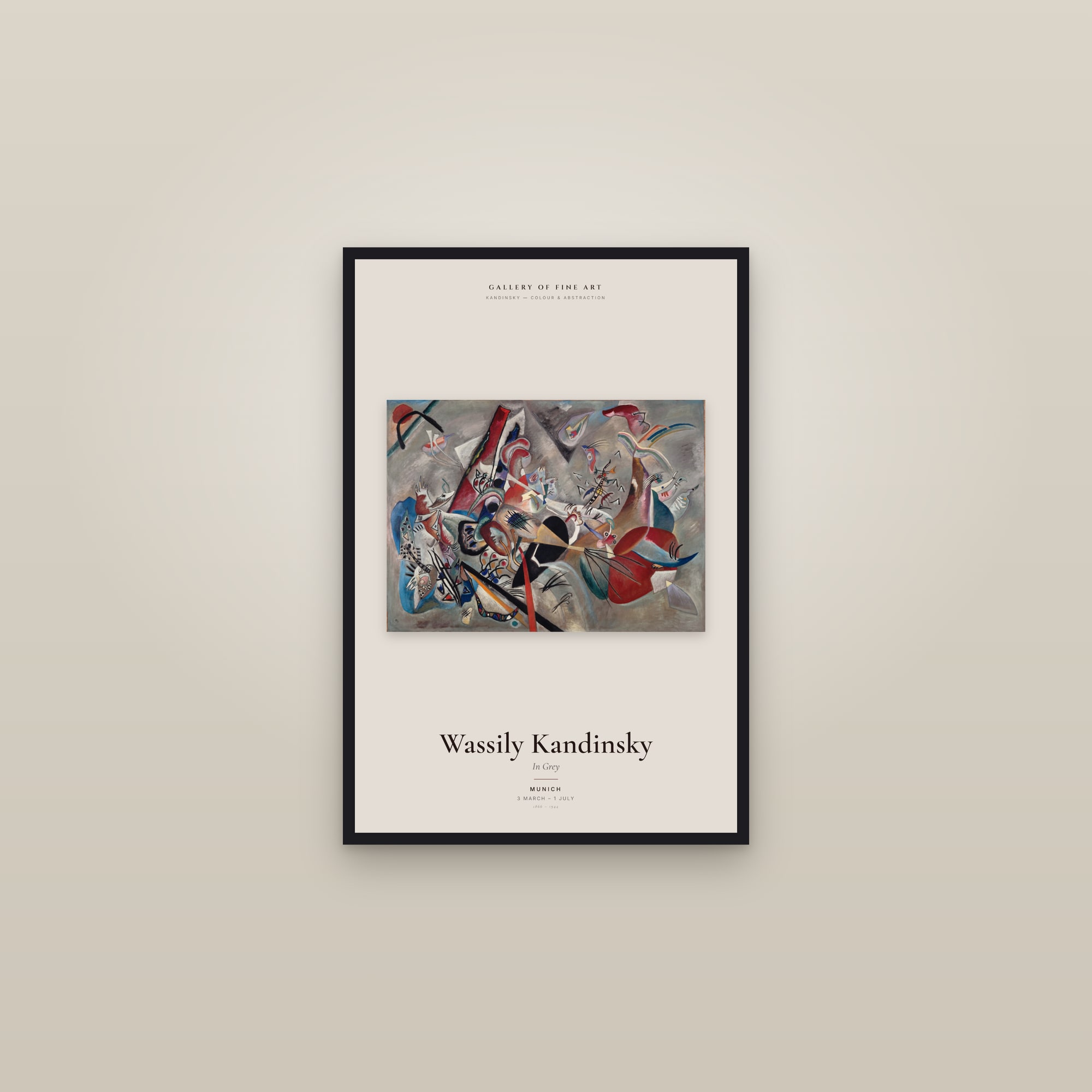 In Grey — Exhibition Poster — framed in a gallery setting