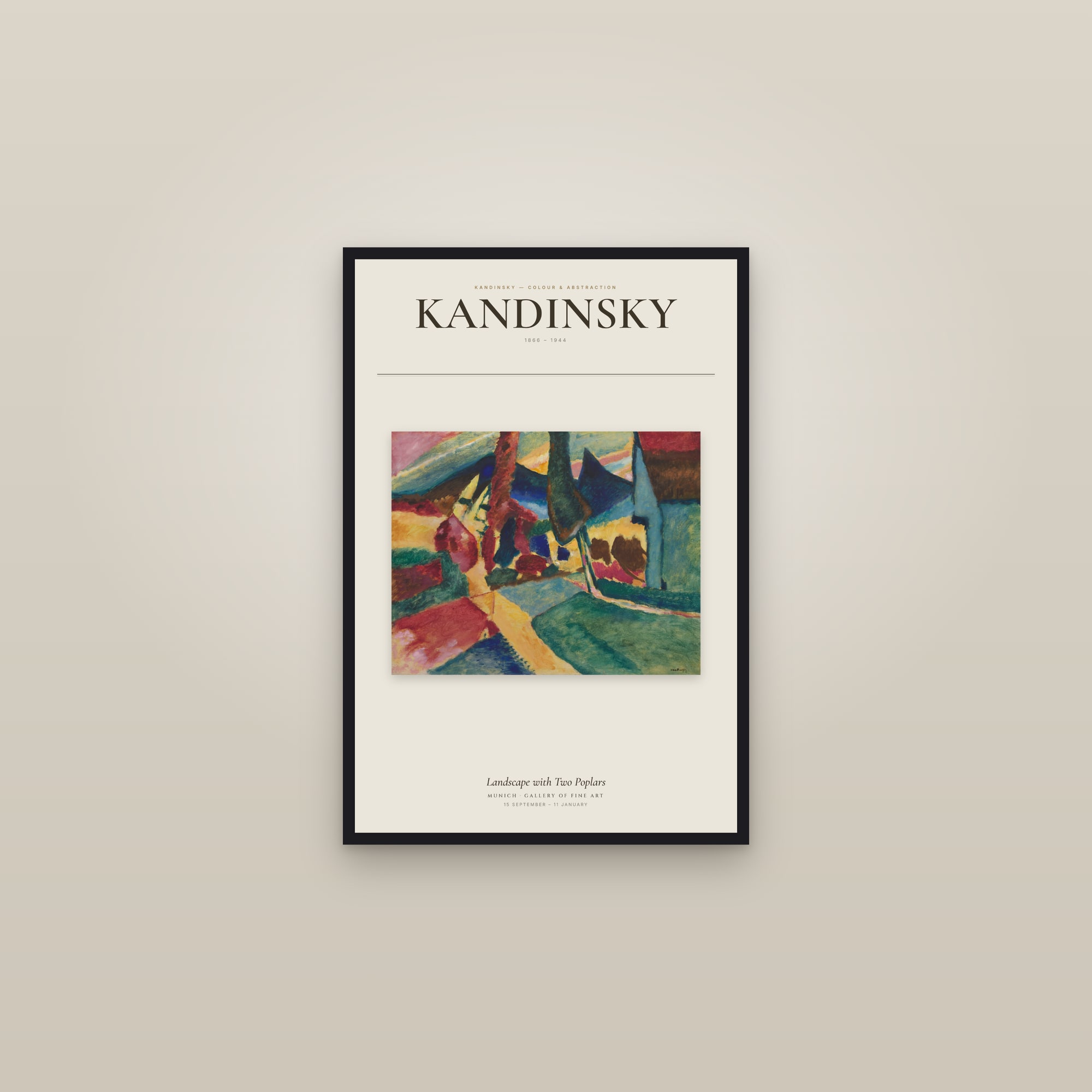 Landscape with Two Poplars — Exhibition Poster — framed in a gallery setting