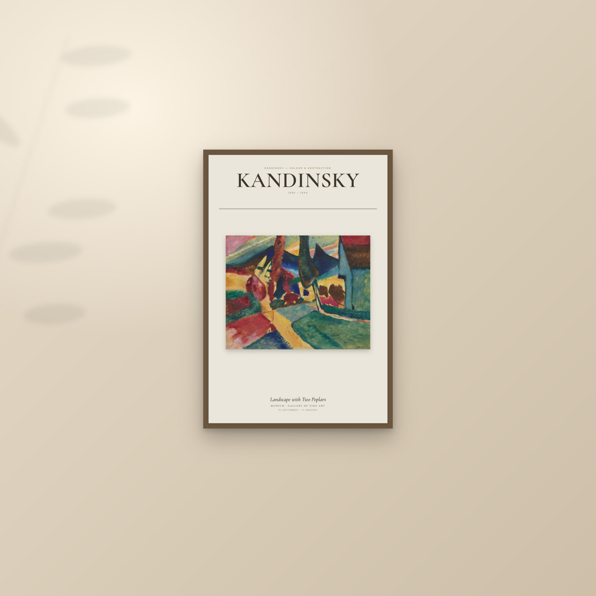 Landscape with Two Poplars — Exhibition Poster — framed and styled on a sunlit wall