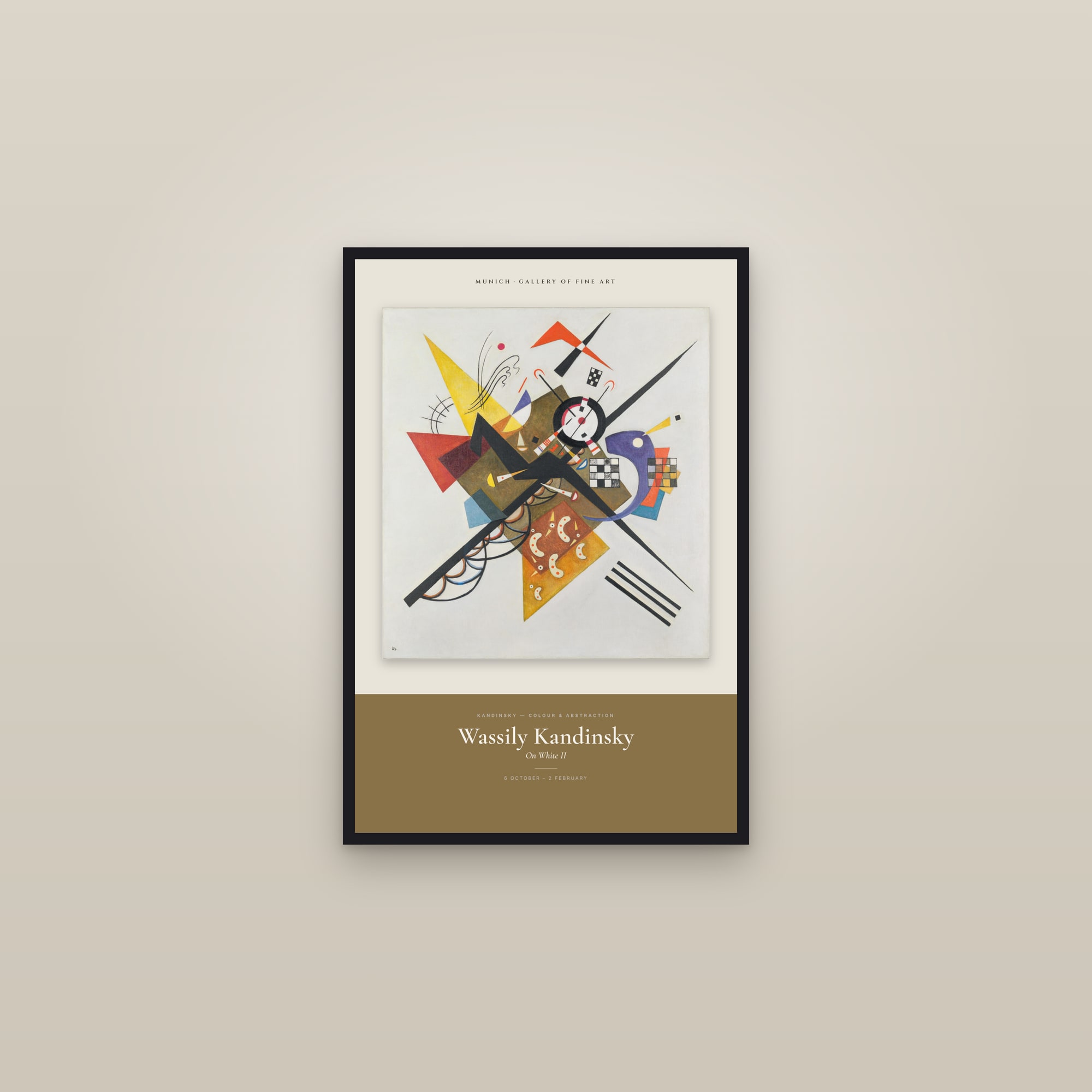 On White II — Exhibition Poster — framed in a gallery setting