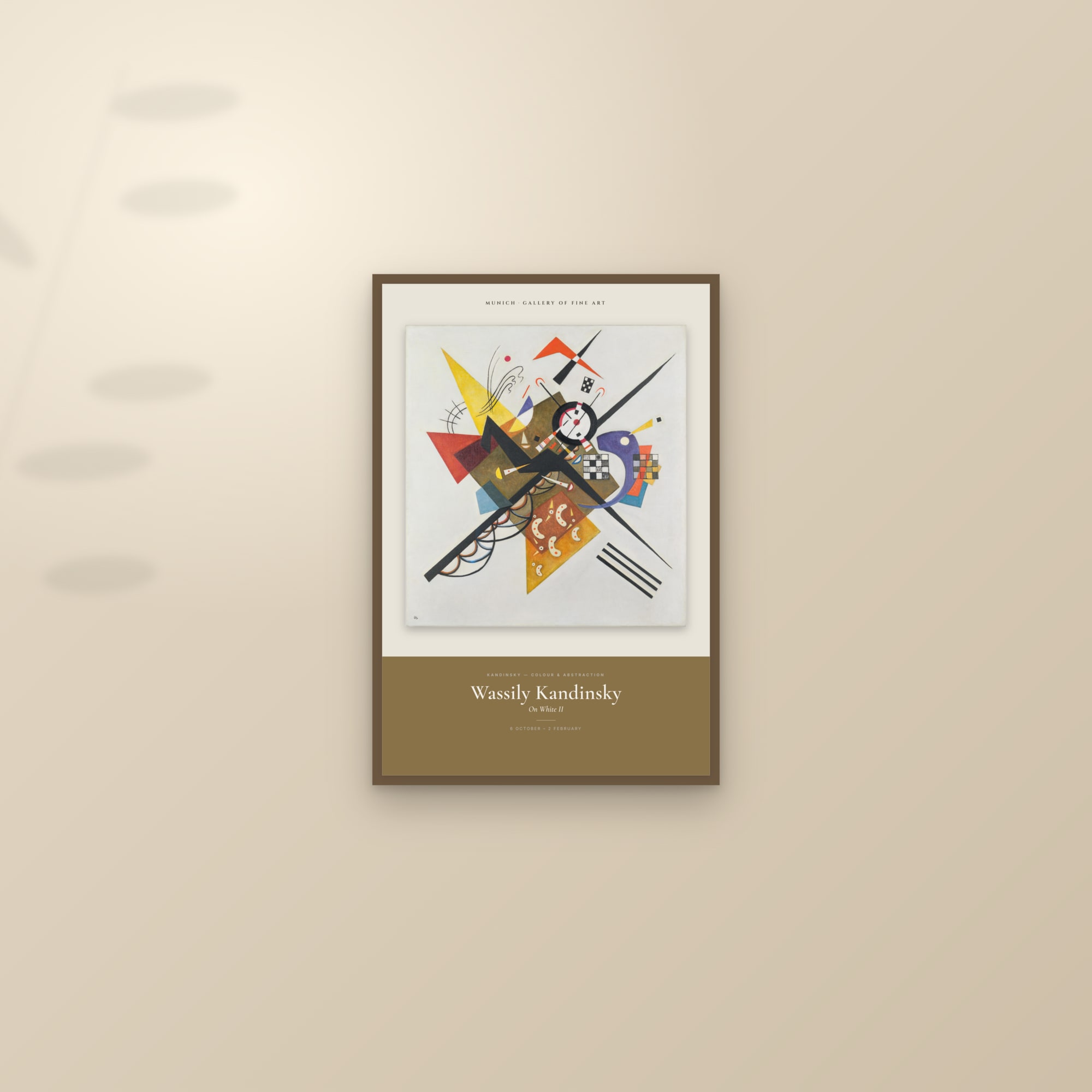 On White II — Exhibition Poster — framed and styled on a sunlit wall