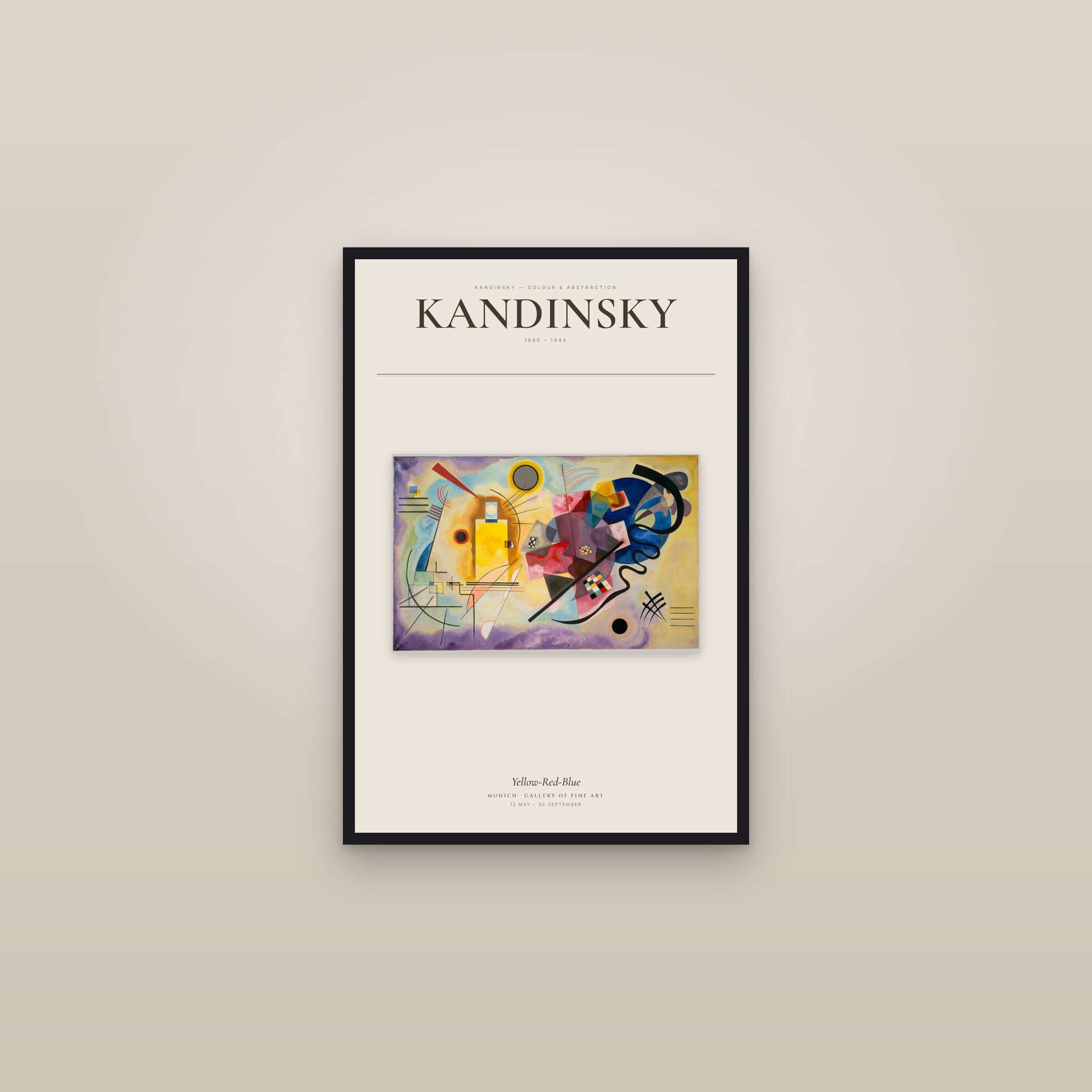 Yellow-Red-Blue — Exhibition Poster — framed in a gallery setting