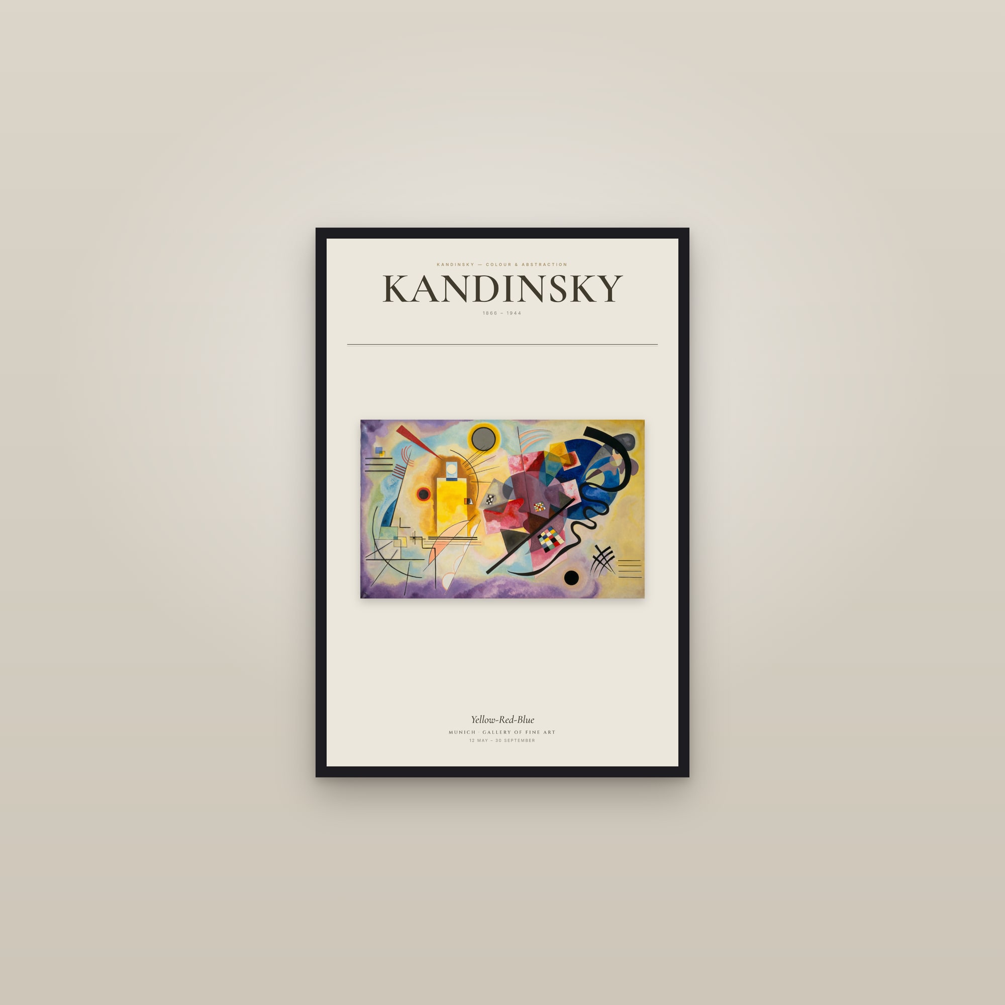 Yellow-Red-Blue — Exhibition Poster — framed in a gallery setting