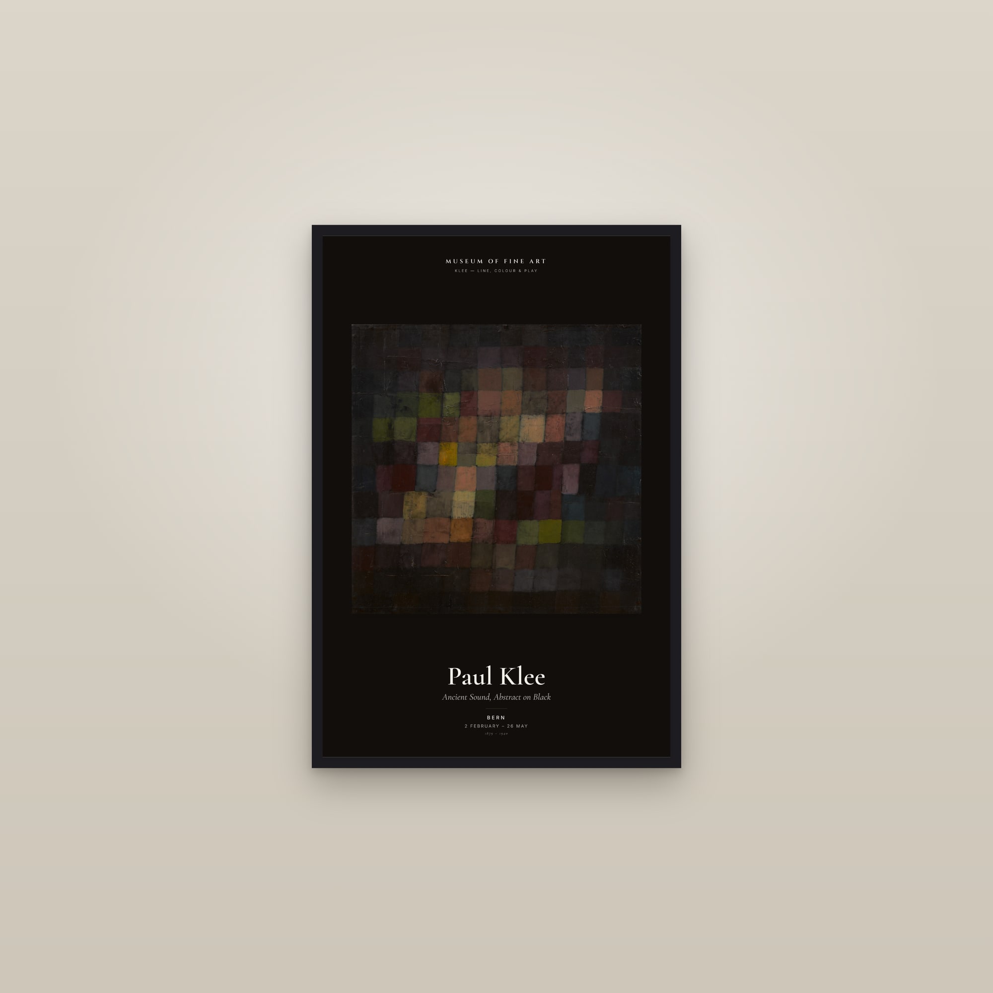 Ancient Sound, Abstract on Black — Exhibition Poster — framed in a gallery setting