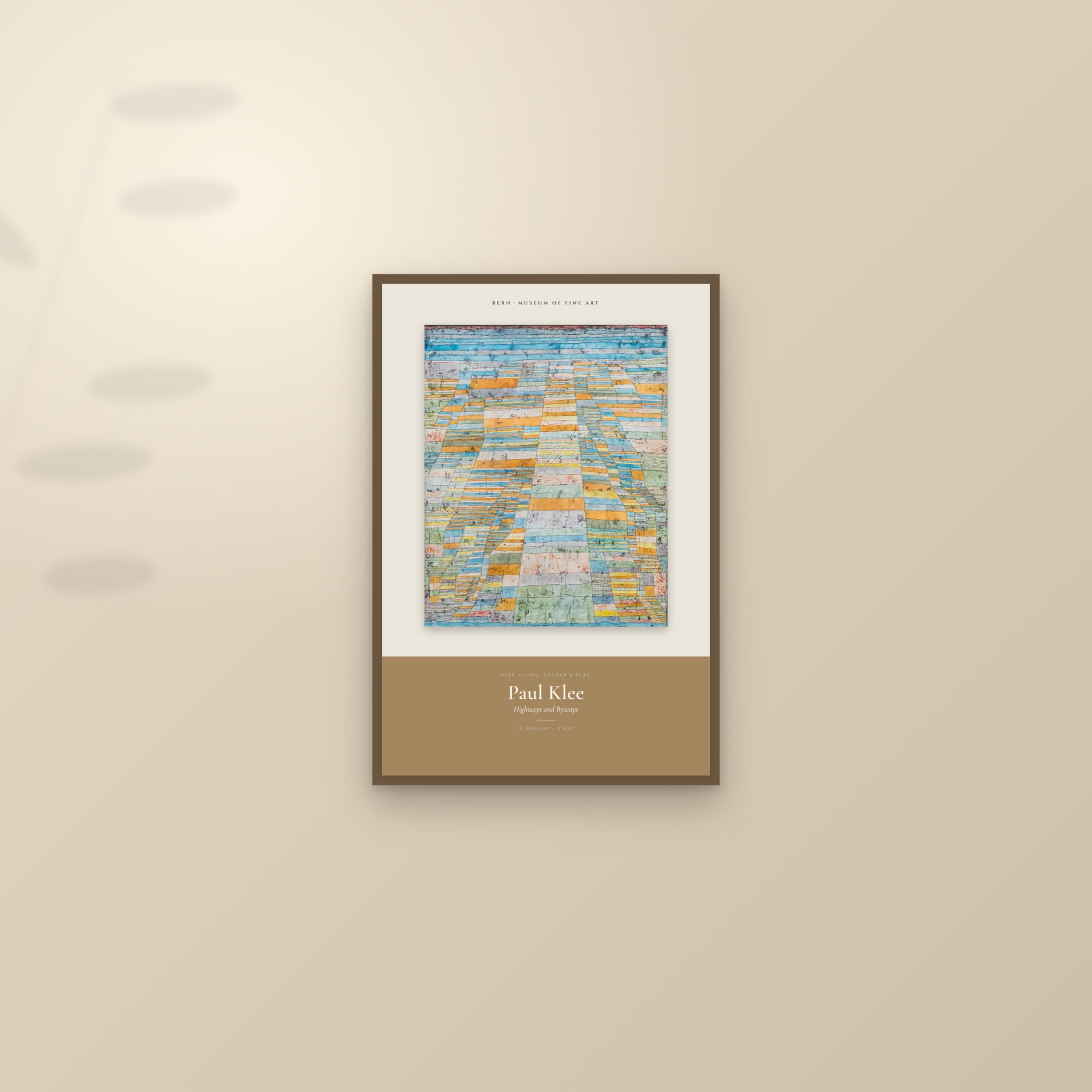 Highways and Byways — Exhibition Poster — framed and styled on a sunlit wall
