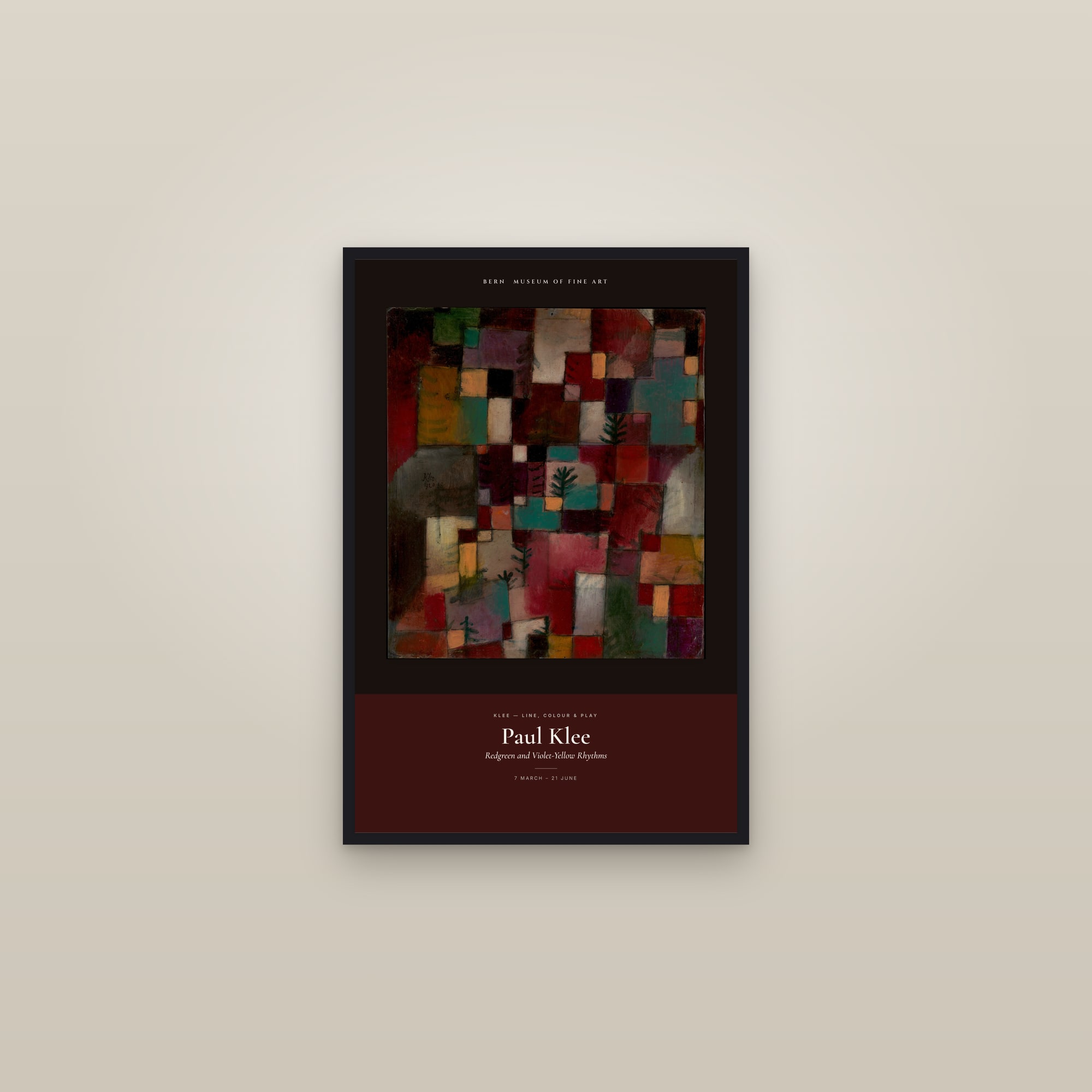 Redgreen and Violet-Yellow Rhythms — Exhibition Poster — framed in a gallery setting