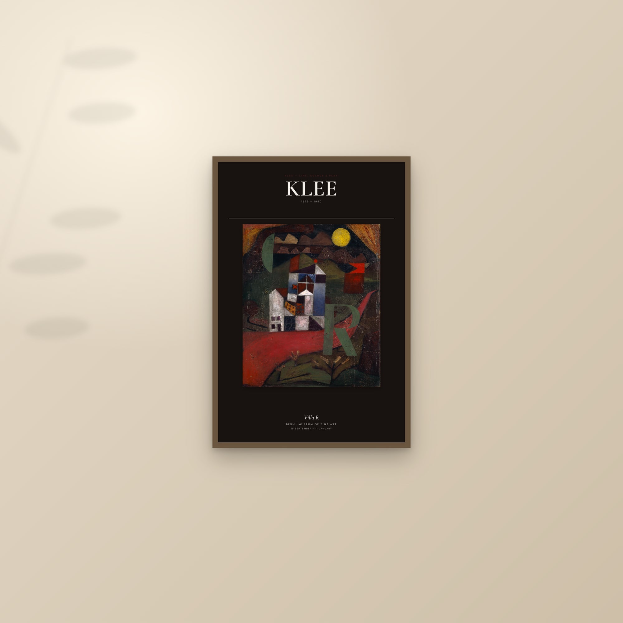 Villa R — Exhibition Poster — framed and styled on a sunlit wall