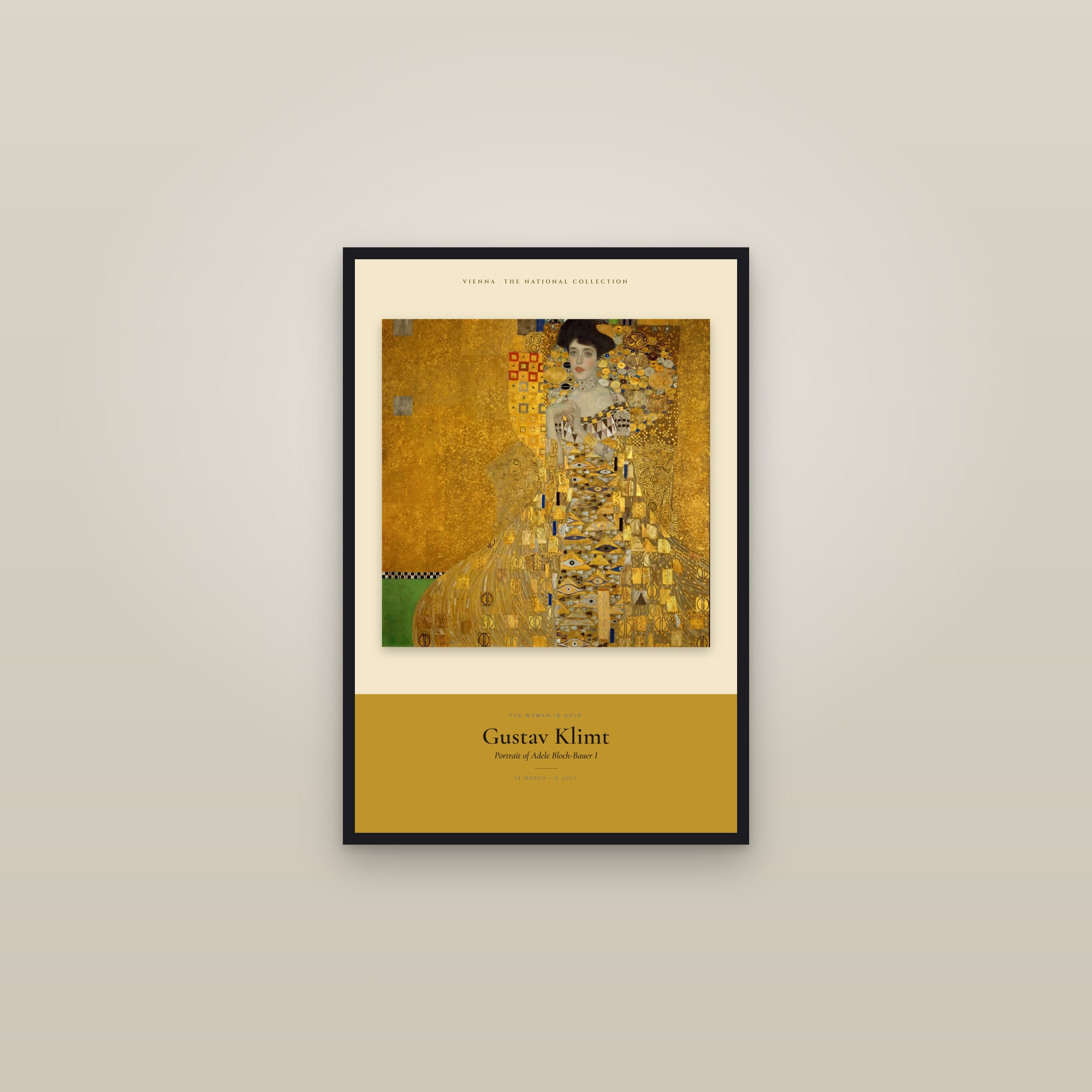 Portrait of Adele Bloch-Bauer I — Exhibition Poster — framed in a gallery setting