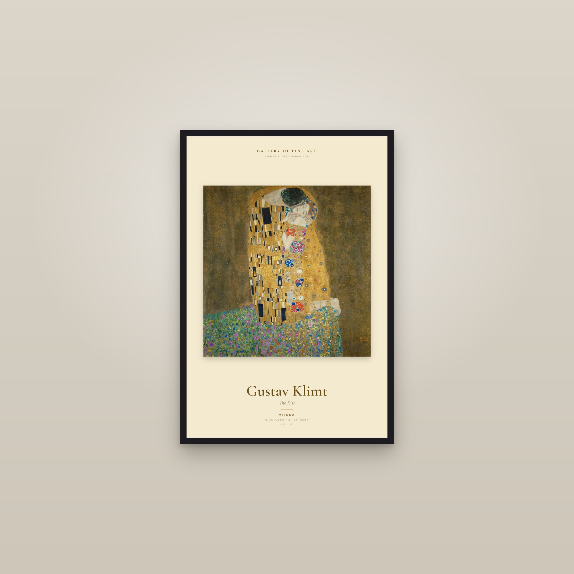 The Kiss — Exhibition Poster — framed in a gallery setting
