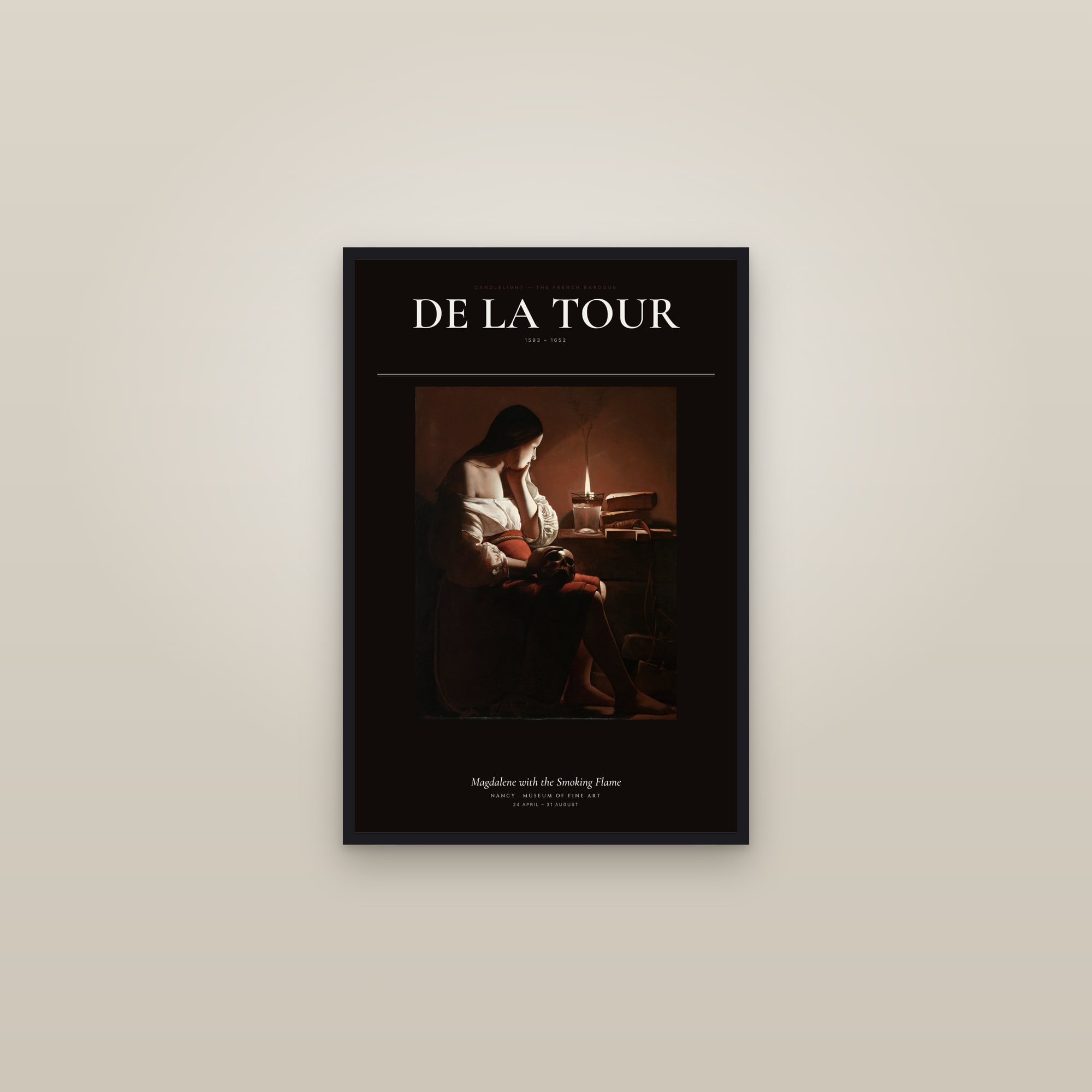 Magdalene with the Smoking Flame — Exhibition Poster — framed in a gallery setting