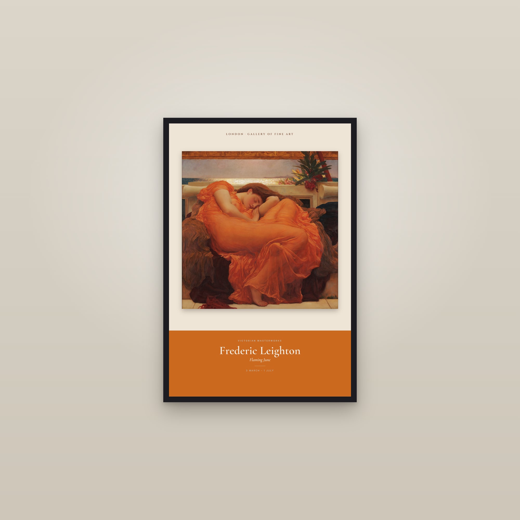 Flaming June — Exhibition Poster — framed in a gallery setting