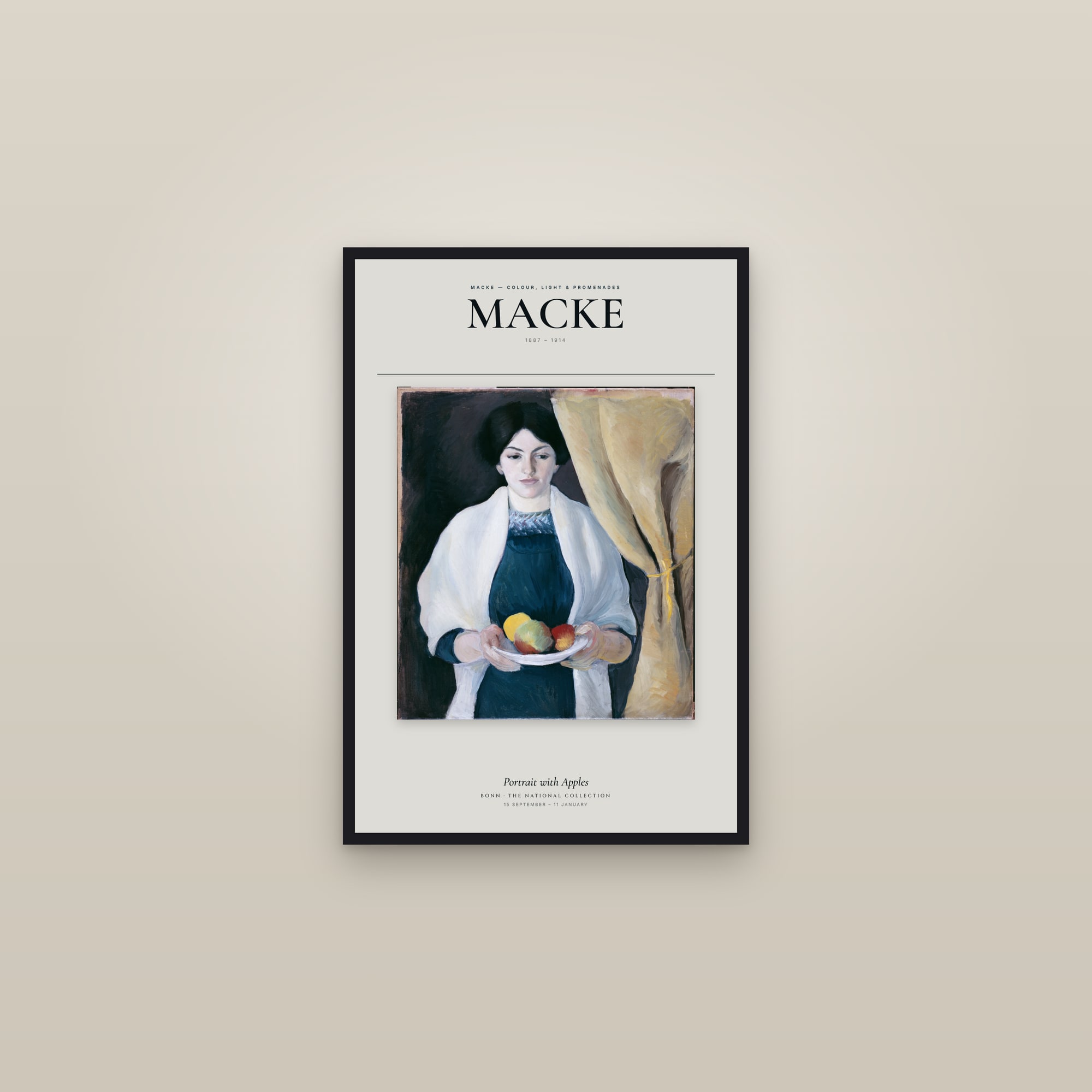 Portrait with Apples — Exhibition Poster — framed in a gallery setting