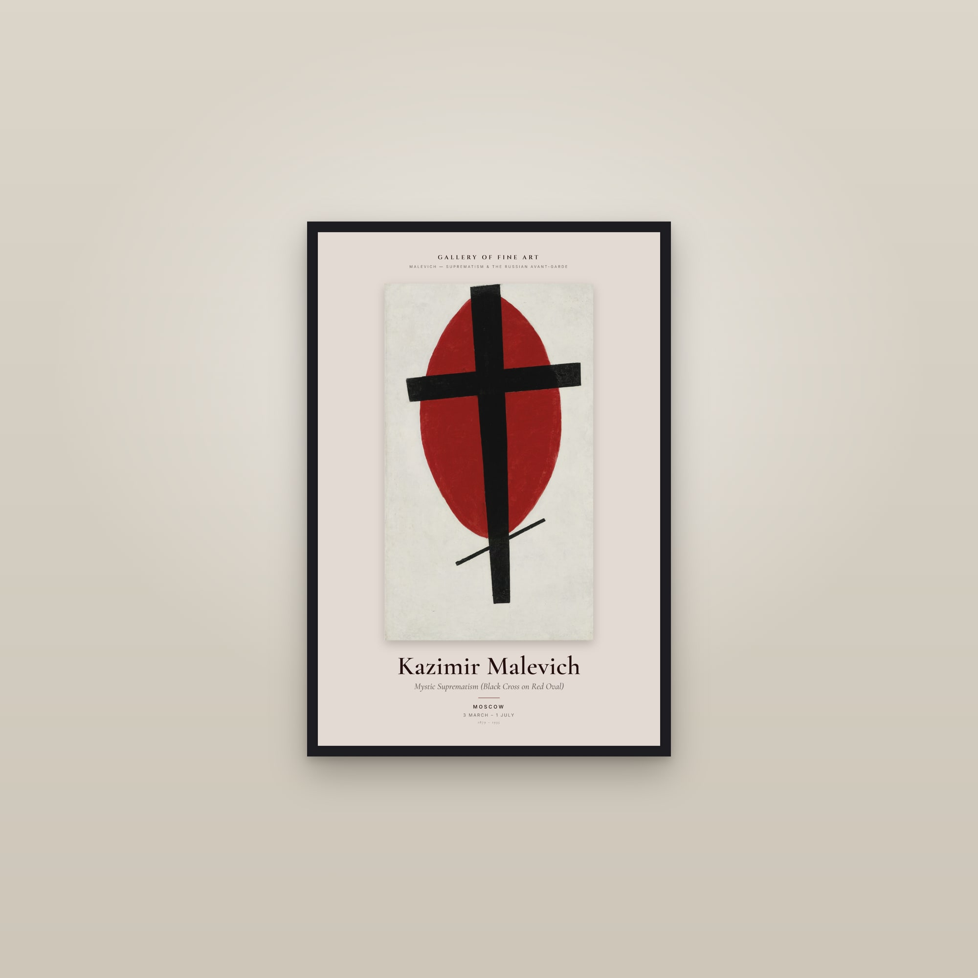Mystic Suprematism (Black Cross on Red Oval) — Exhibition Poster — framed in a gallery setting