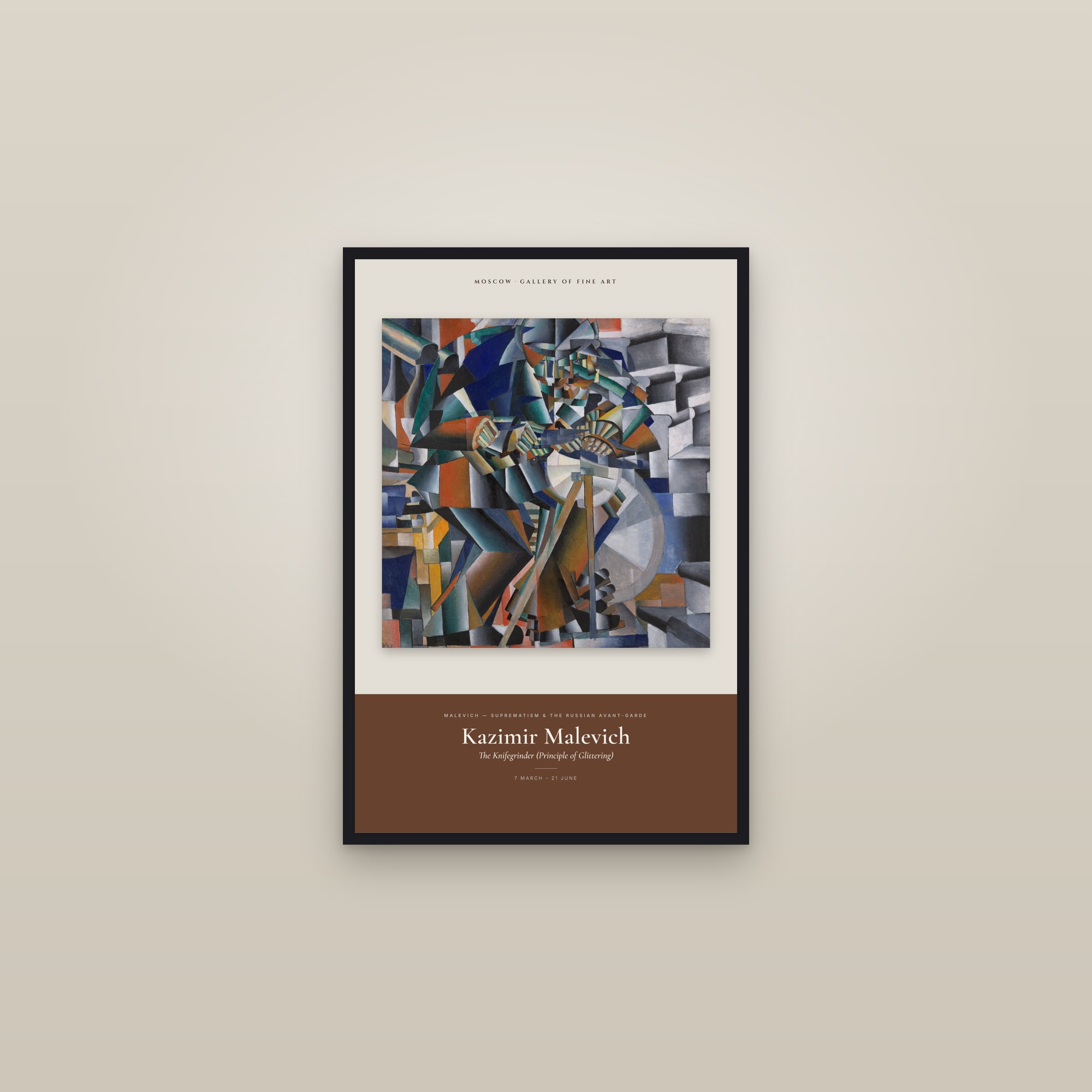 The Knifegrinder (Principle of Glittering) — Exhibition Poster — framed in a gallery setting