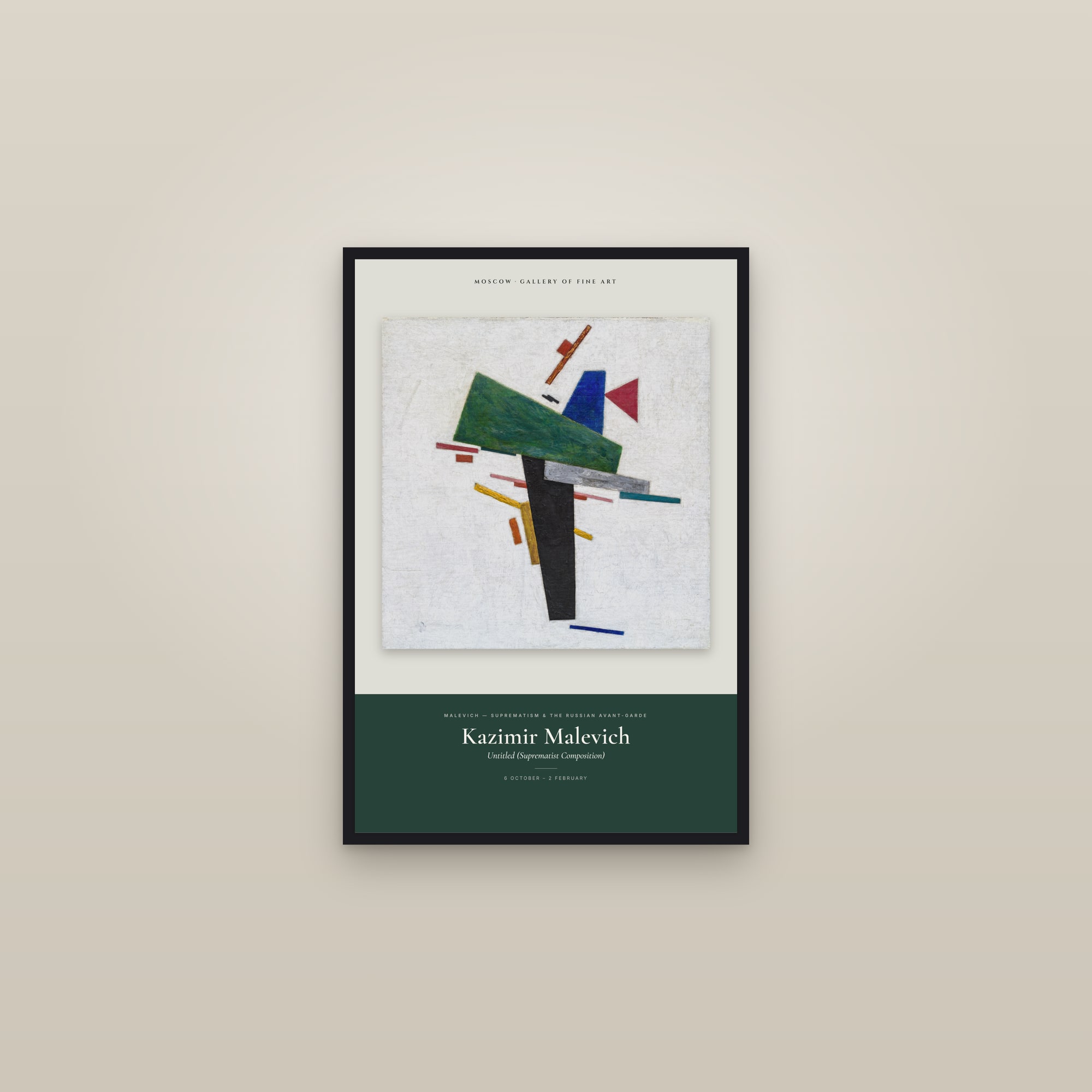 Untitled (Suprematist Composition) — Exhibition Poster — framed in a gallery setting