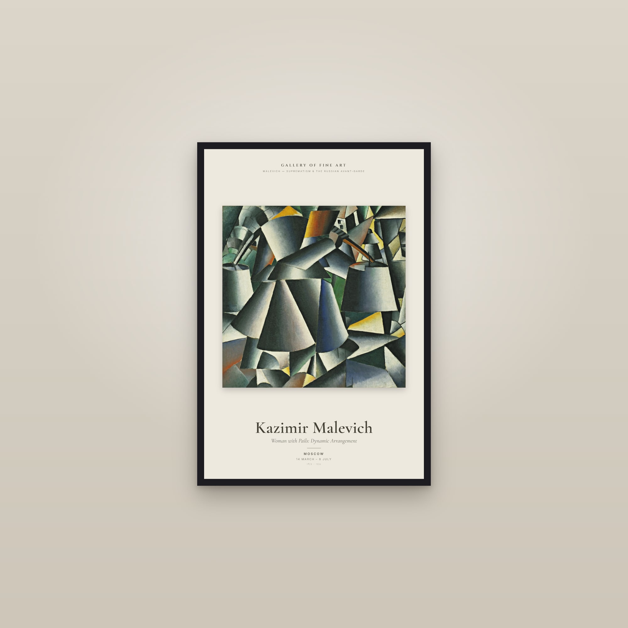 Woman with Pails: Dynamic Arrangement — Exhibition Poster — framed in a gallery setting