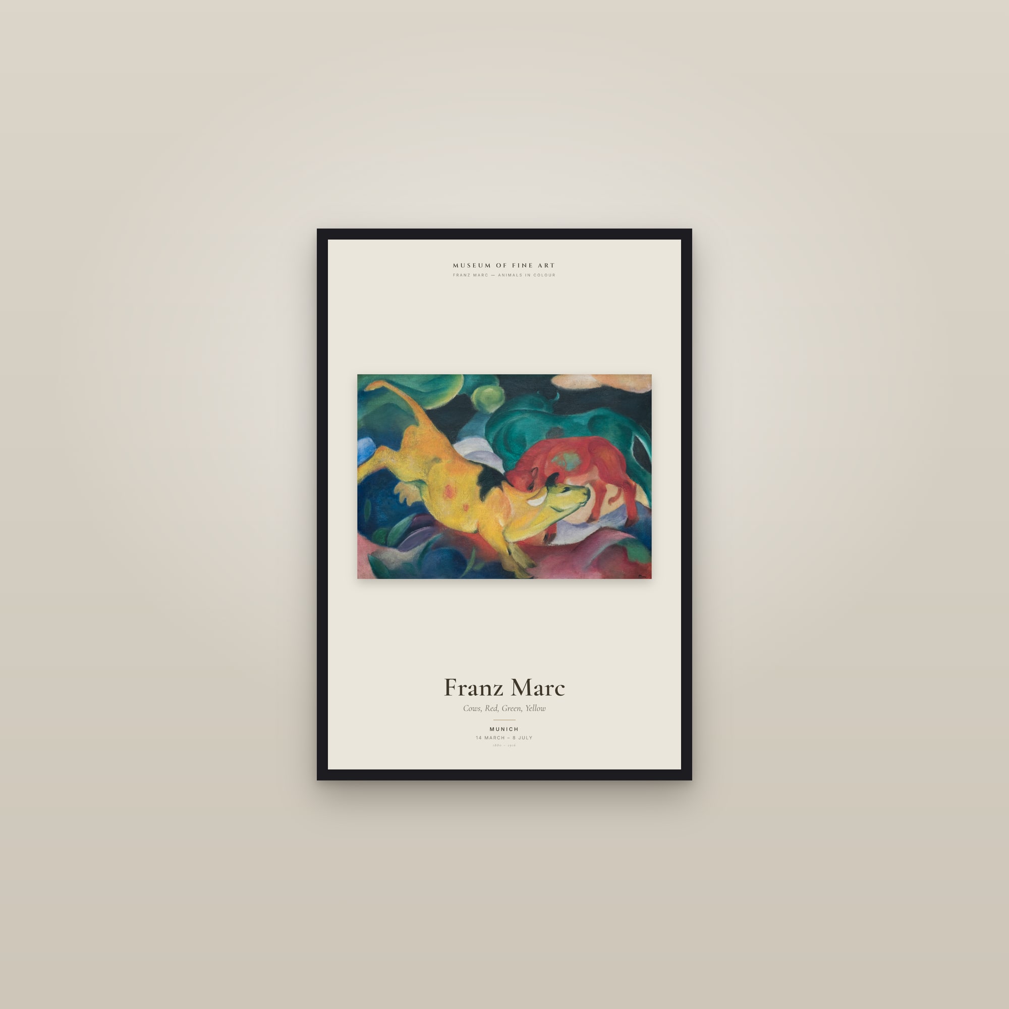 Cows, Red, Green, Yellow — Exhibition Poster — framed in a gallery setting