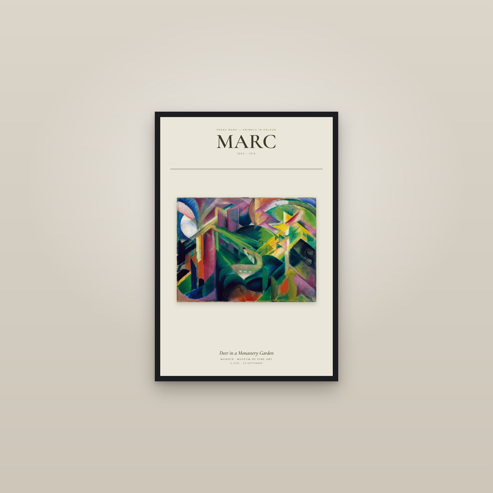 Deer in a Monastery Garden — Exhibition Poster — framed in a gallery setting
