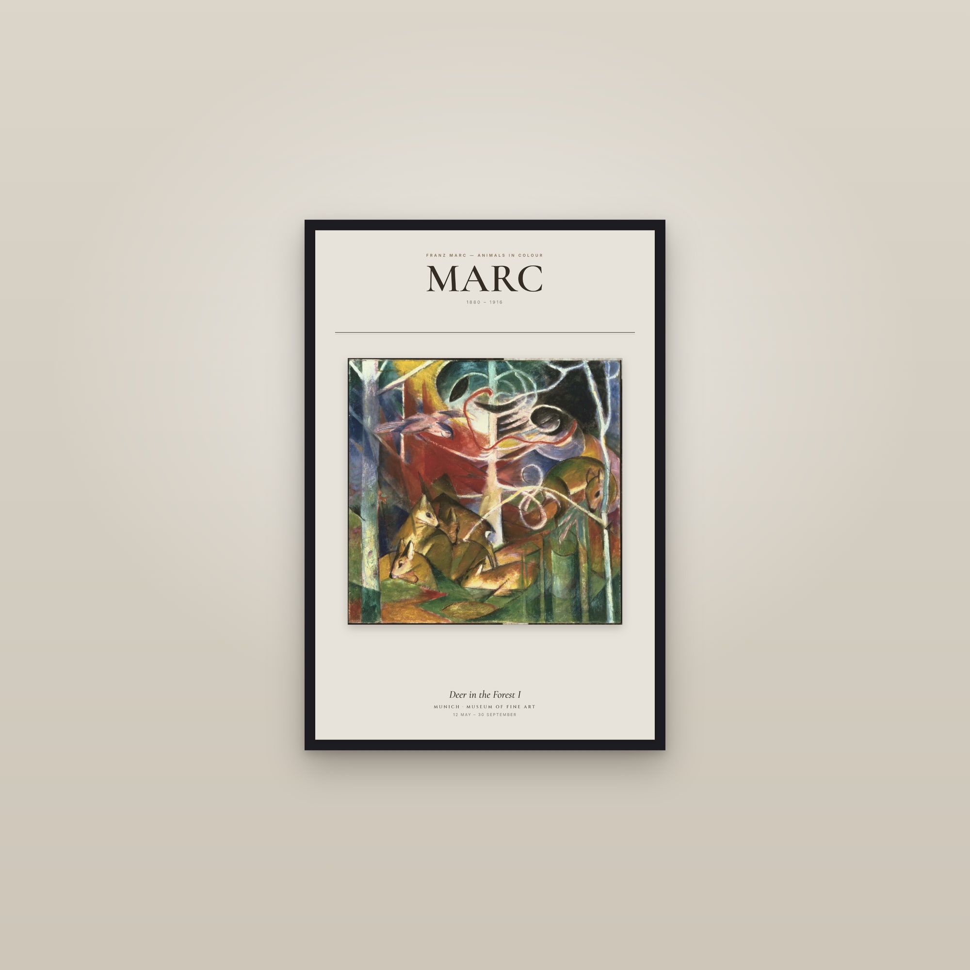 Deer in the Forest I — Exhibition Poster — framed in a gallery setting