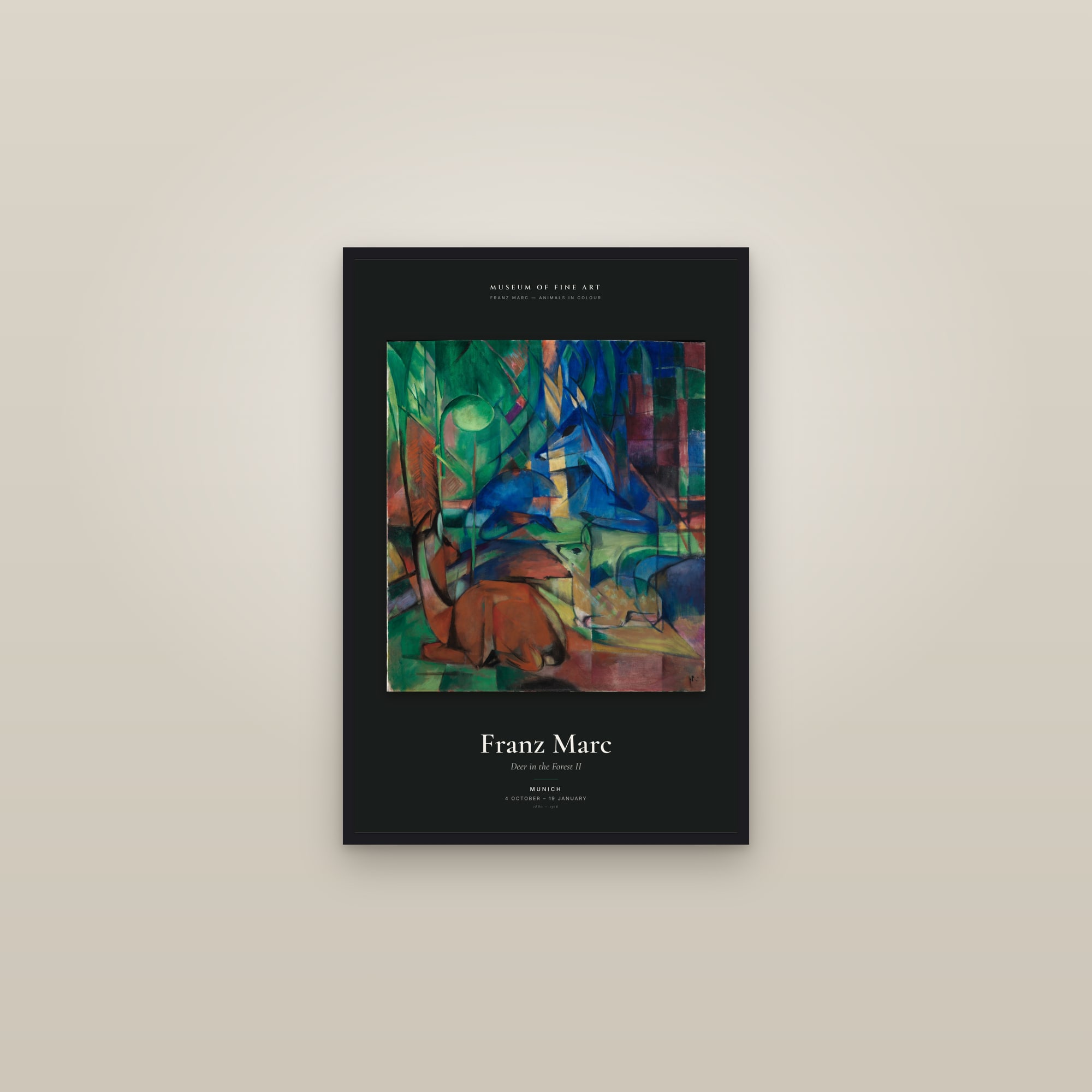 Deer in the Forest II — Exhibition Poster — framed in a gallery setting