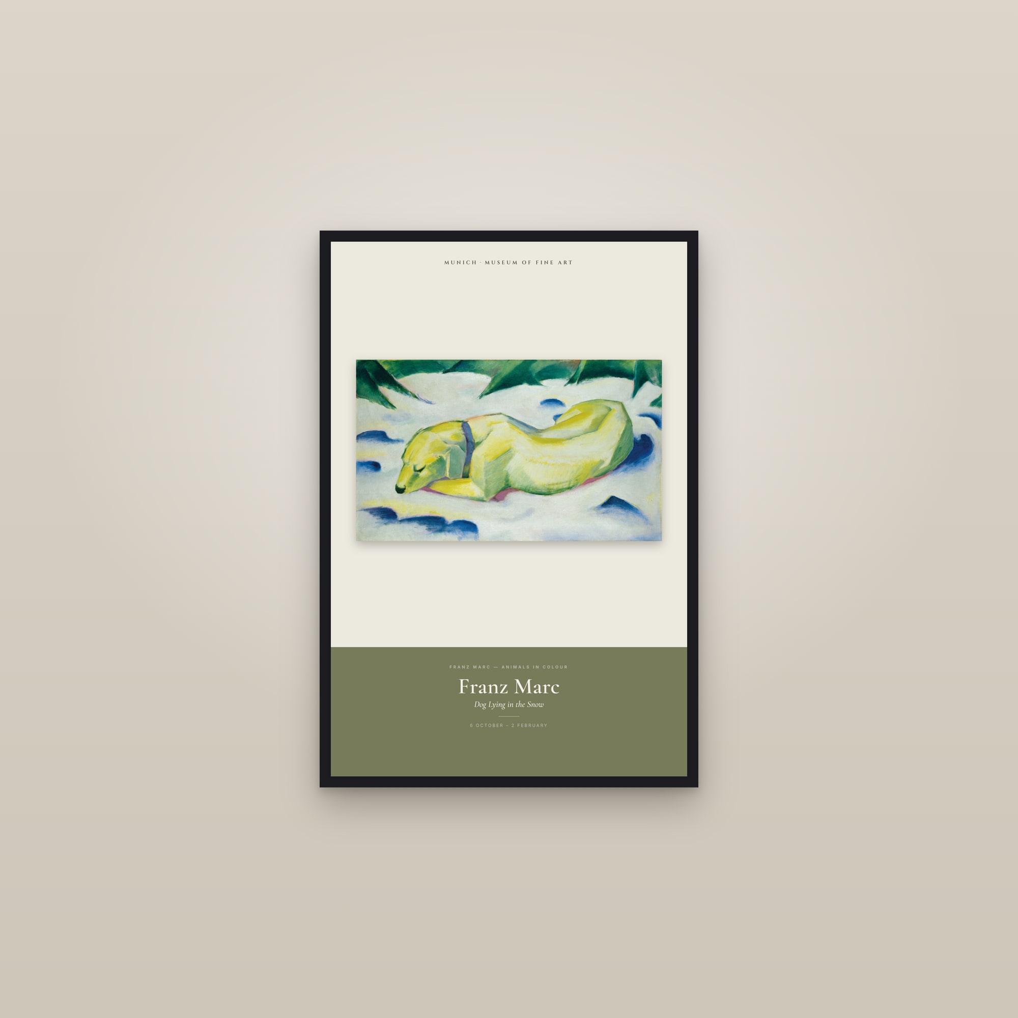 Dog Lying in the Snow — Exhibition Poster — framed in a gallery setting