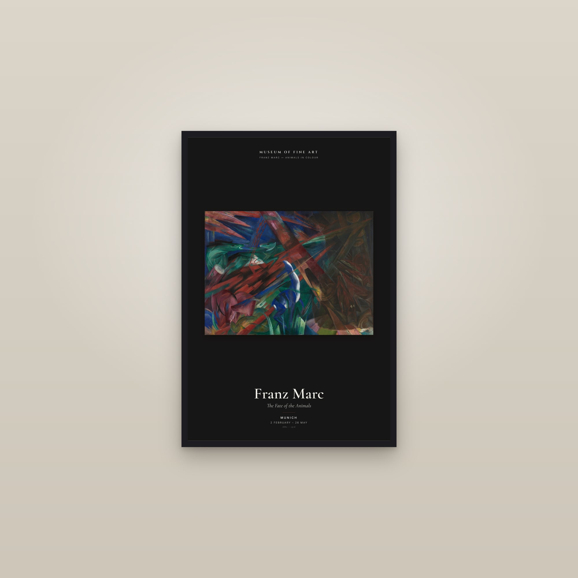 The Fate of the Animals — Exhibition Poster — framed in a gallery setting