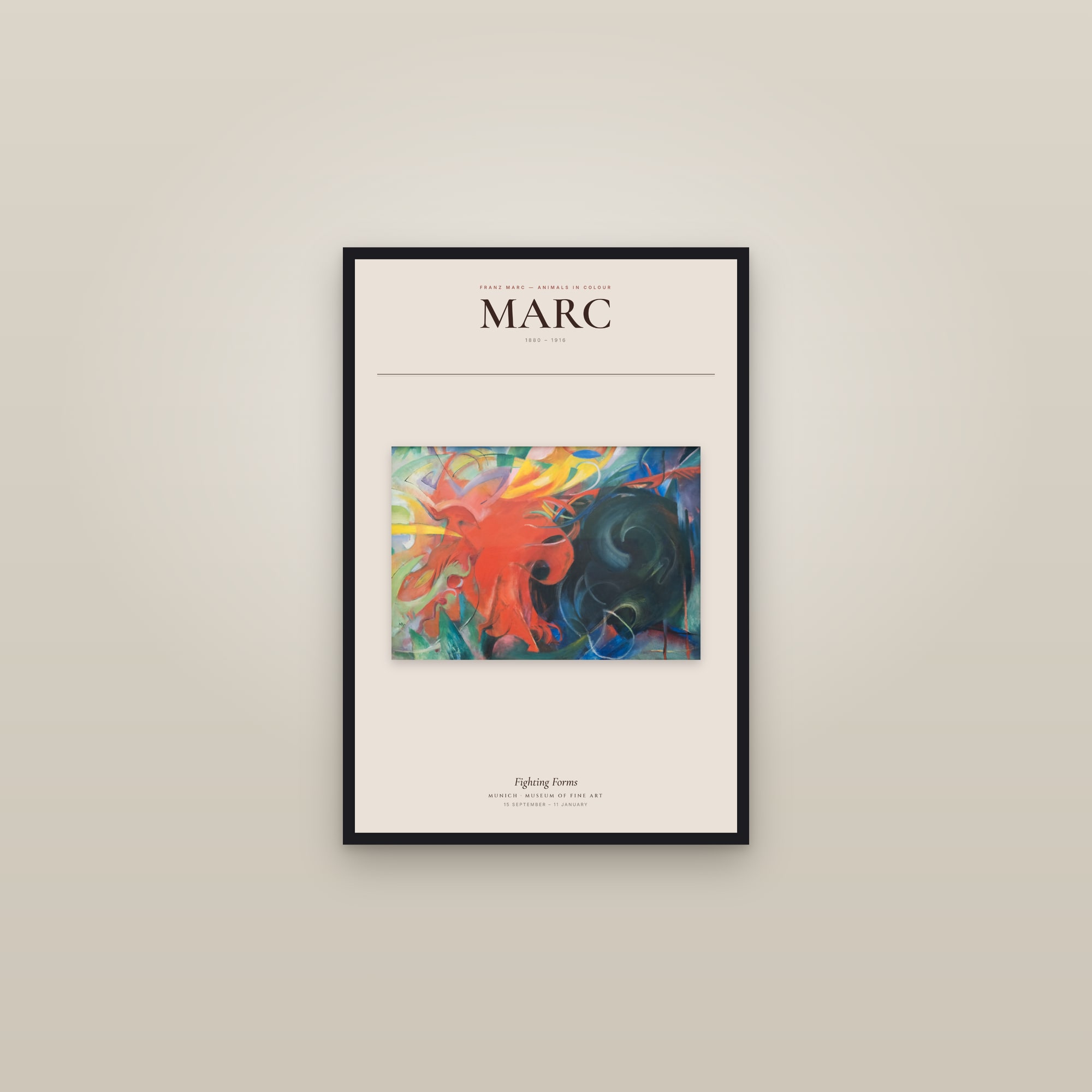 Fighting Forms — Exhibition Poster — framed in a gallery setting