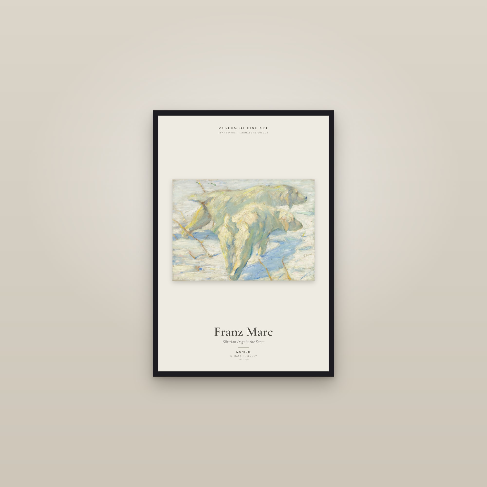 Siberian Dogs in the Snow — Exhibition Poster — framed in a gallery setting