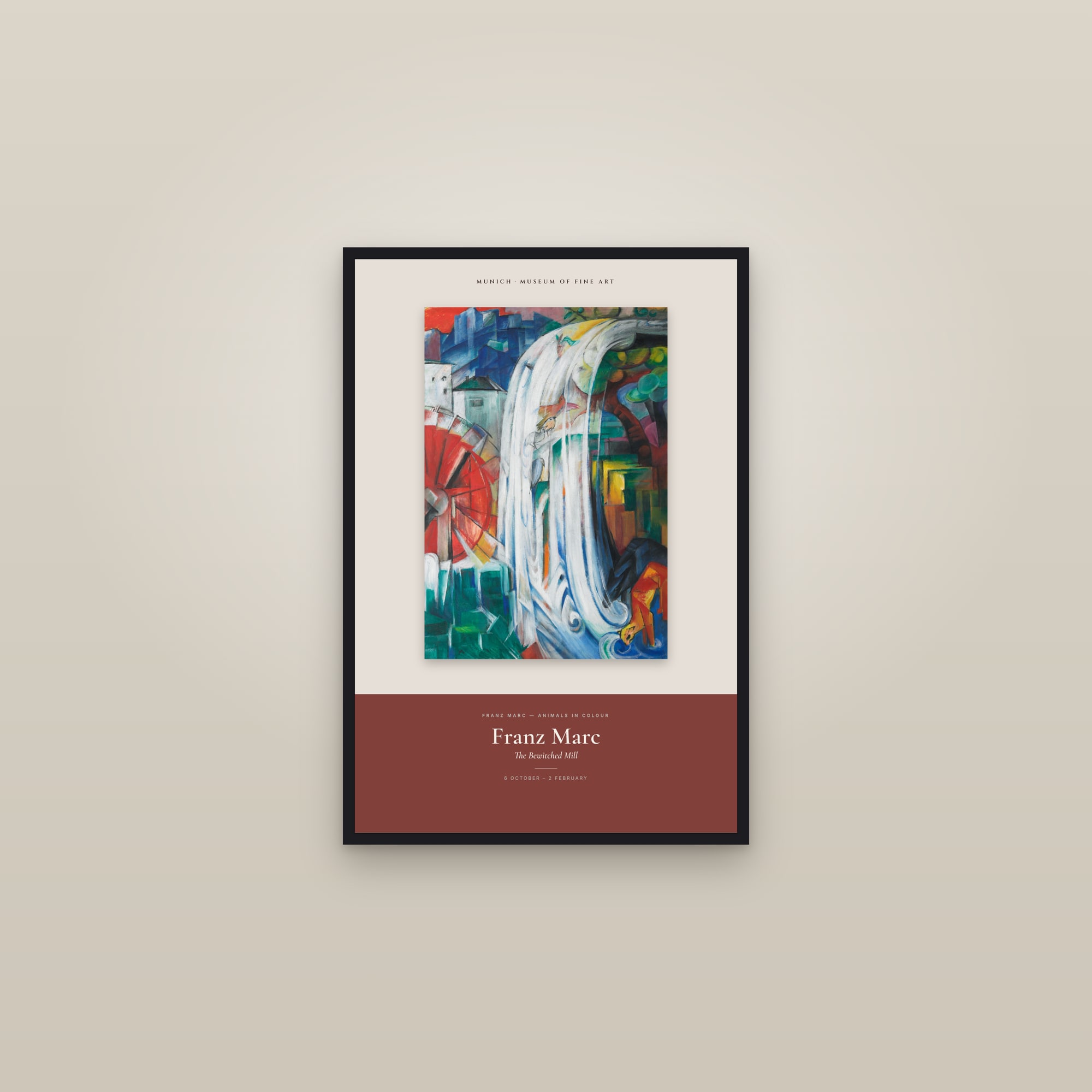 The Bewitched Mill — Exhibition Poster — framed in a gallery setting