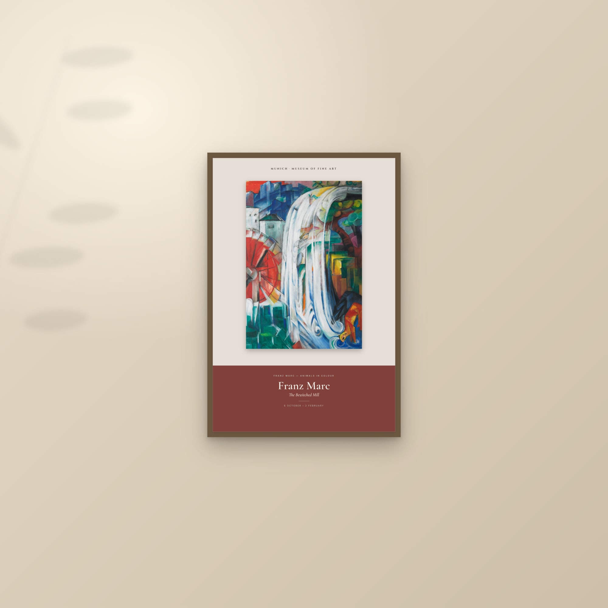 The Bewitched Mill — Exhibition Poster — framed and styled on a sunlit wall
