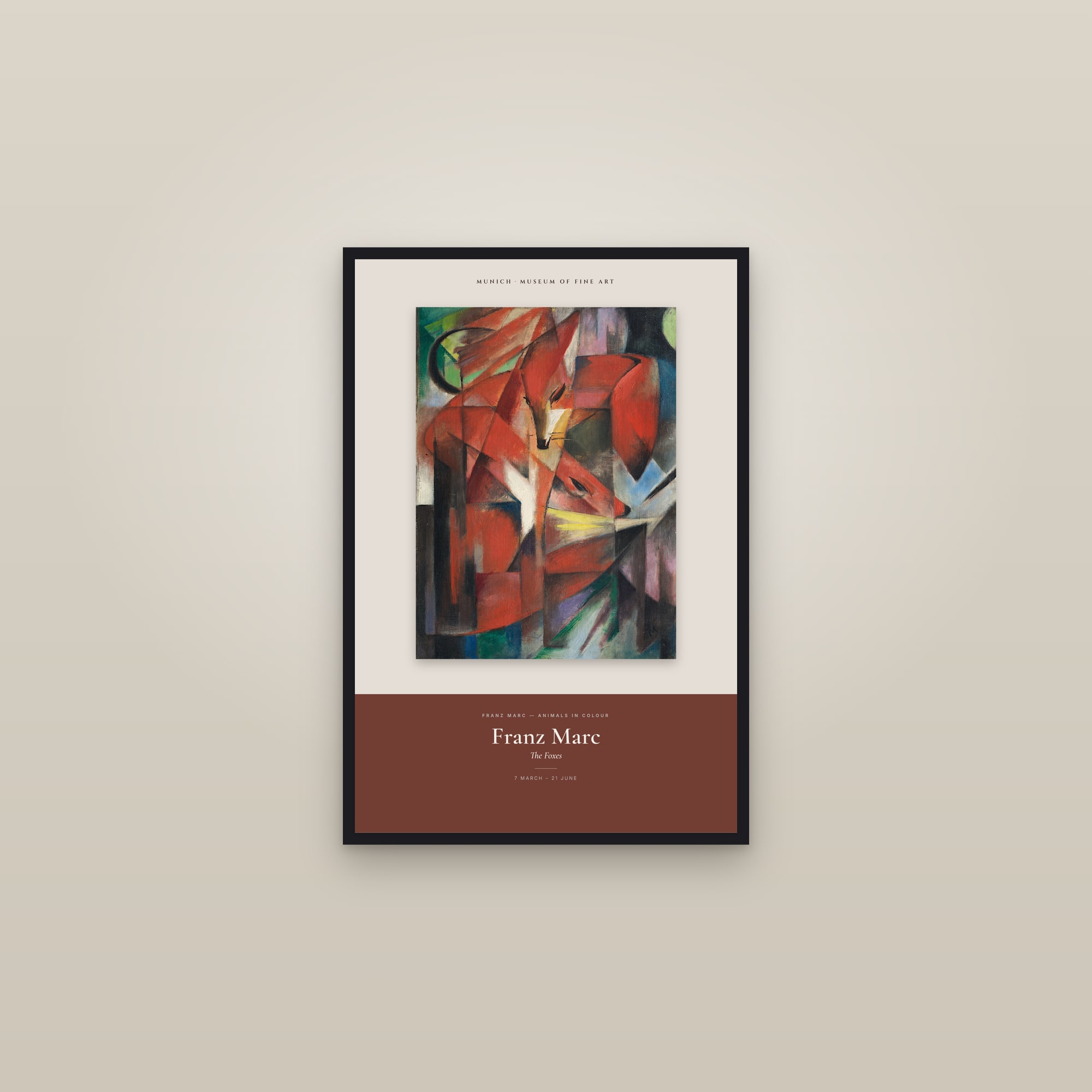 The Foxes — Exhibition Poster — framed in a gallery setting