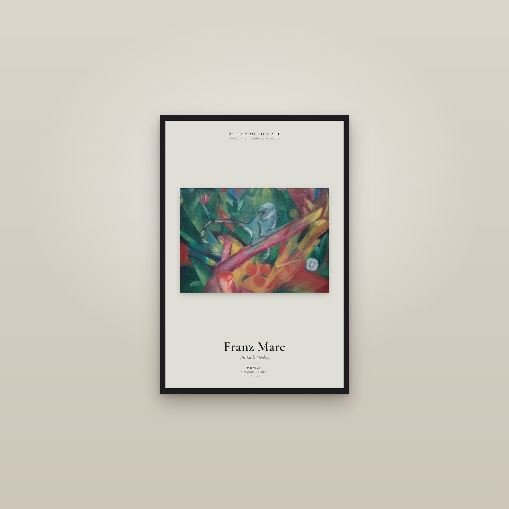 The Little Monkey — Exhibition Poster — framed in a gallery setting