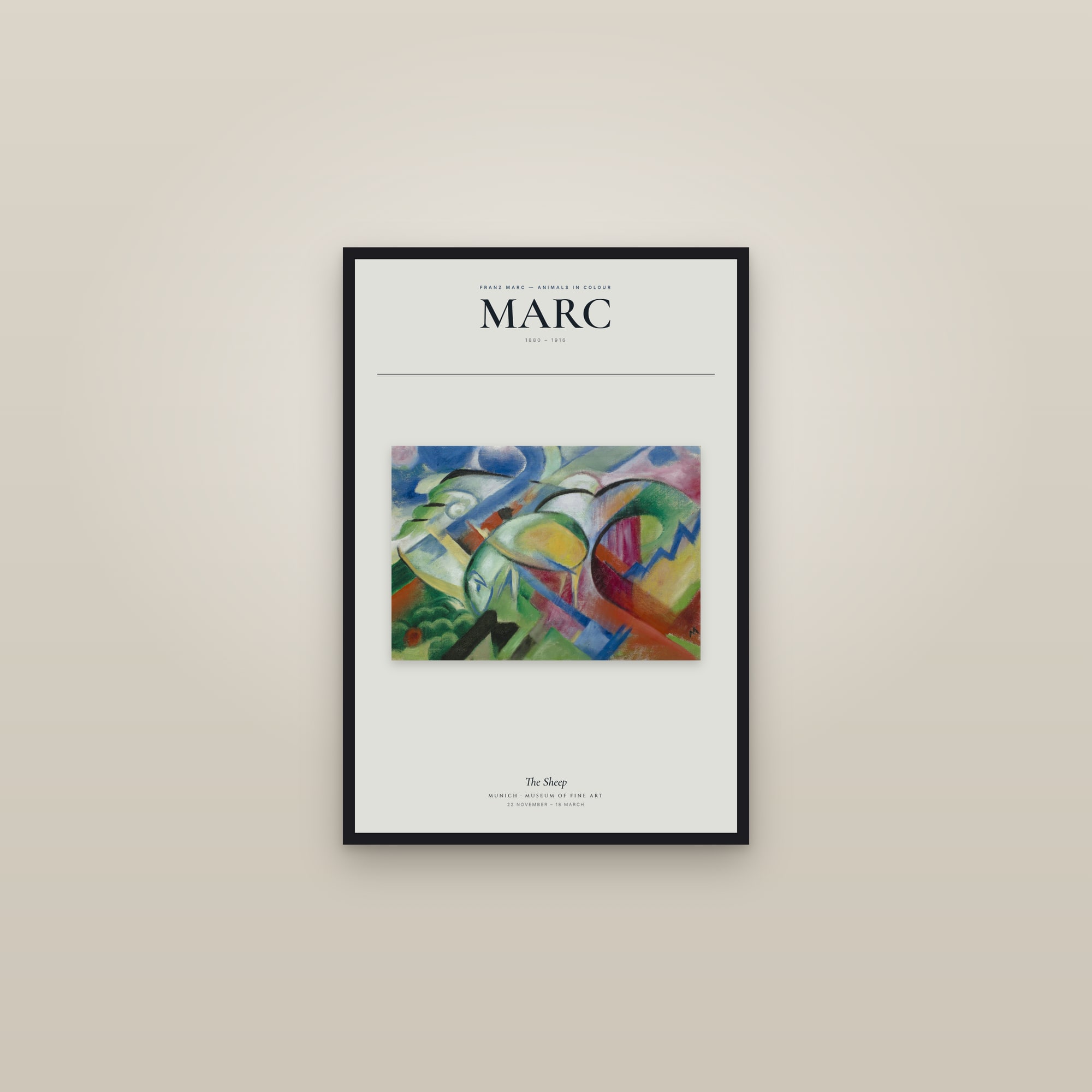 The Sheep — Exhibition Poster — framed in a gallery setting