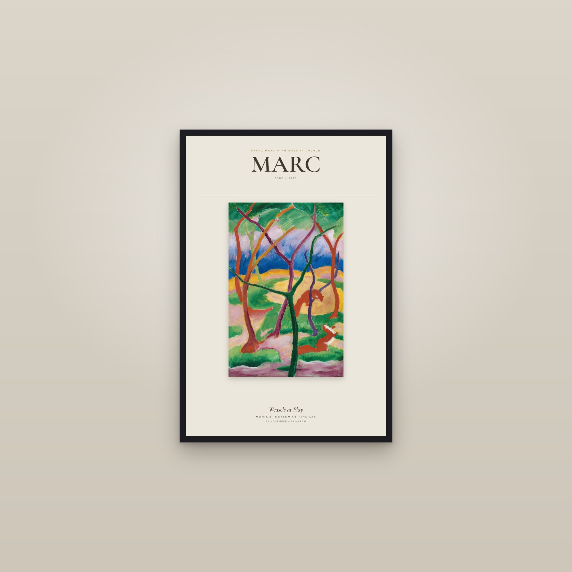 Weasels at Play — Exhibition Poster — framed in a gallery setting