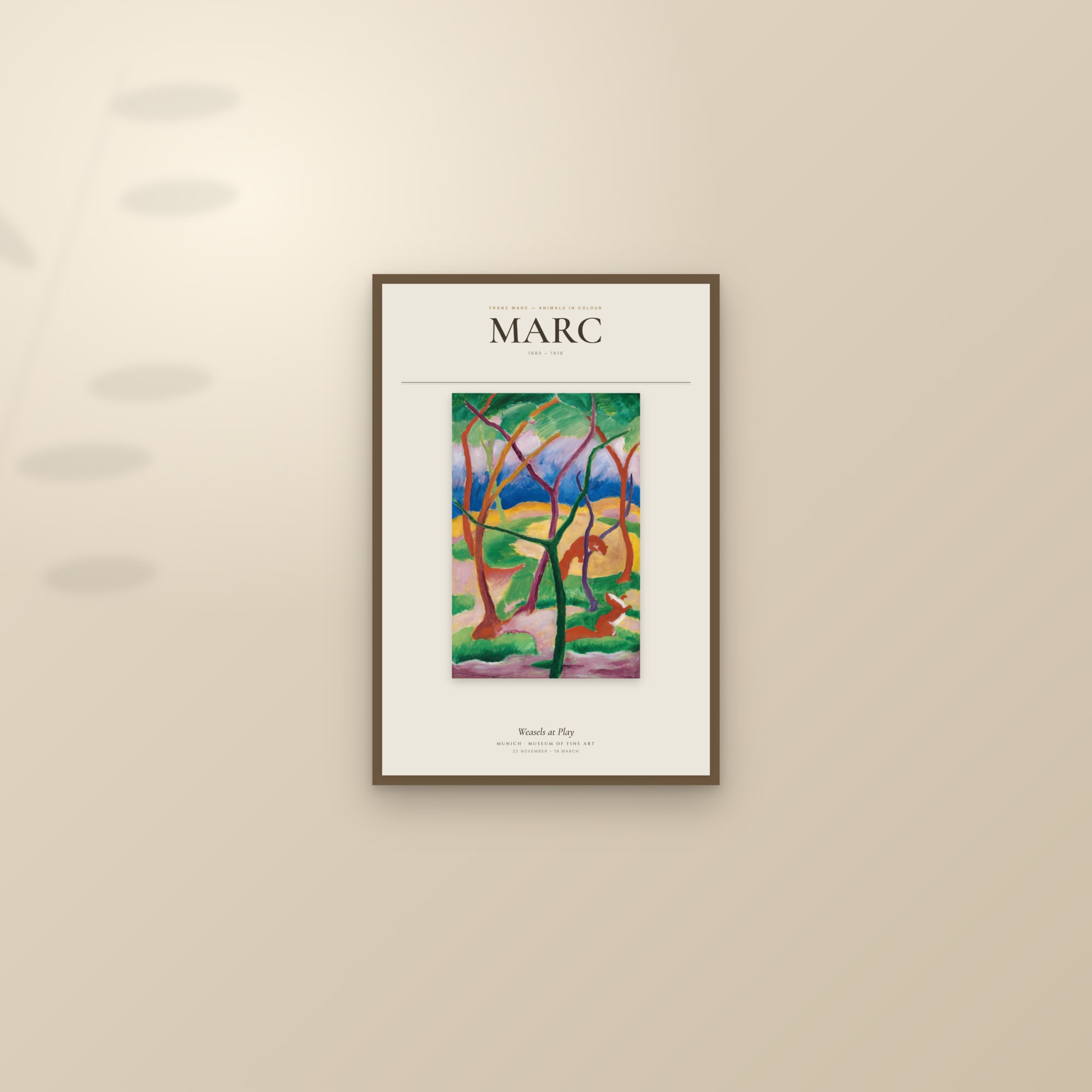 Weasels at Play — Exhibition Poster — framed and styled on a sunlit wall