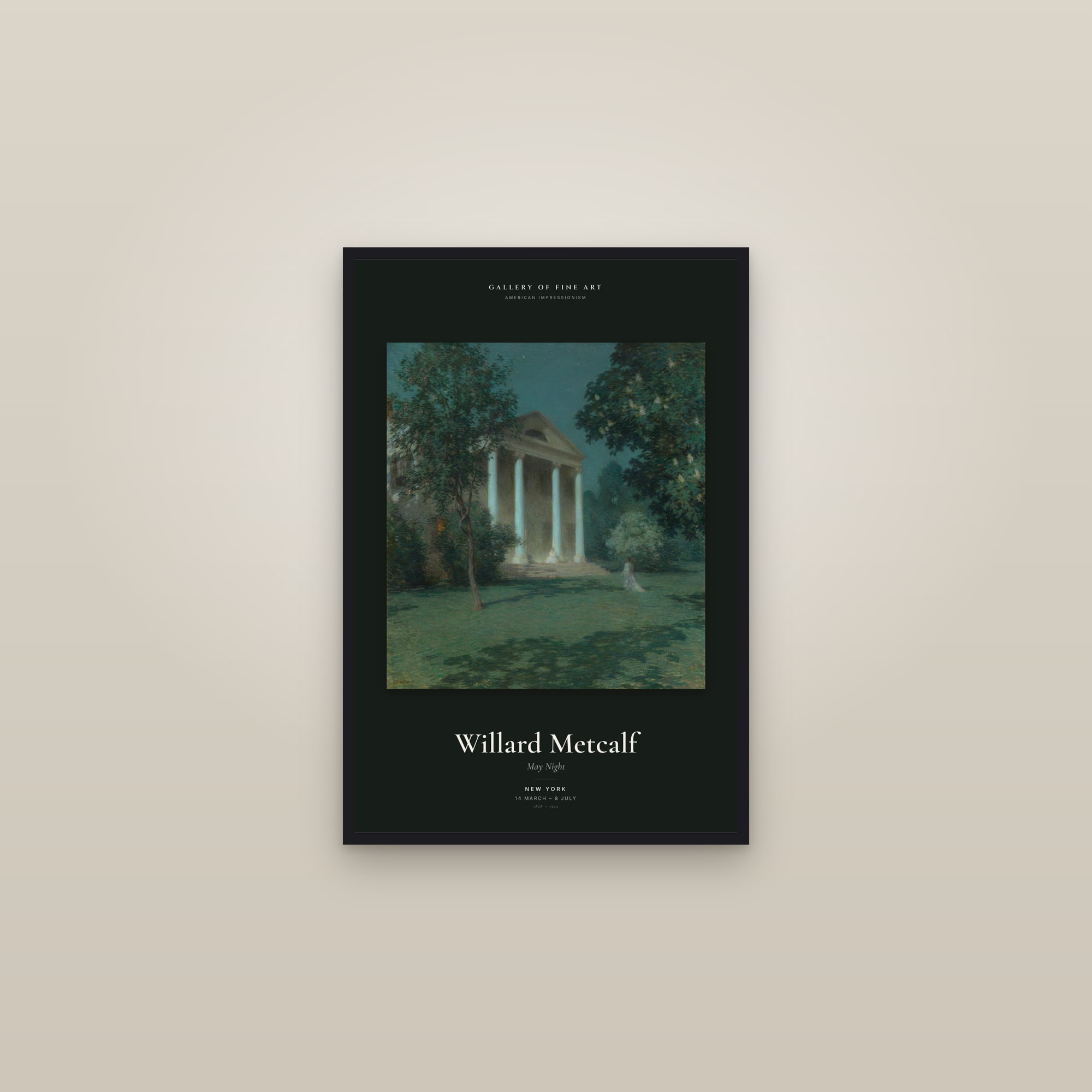 May Night — Exhibition Poster — framed in a gallery setting