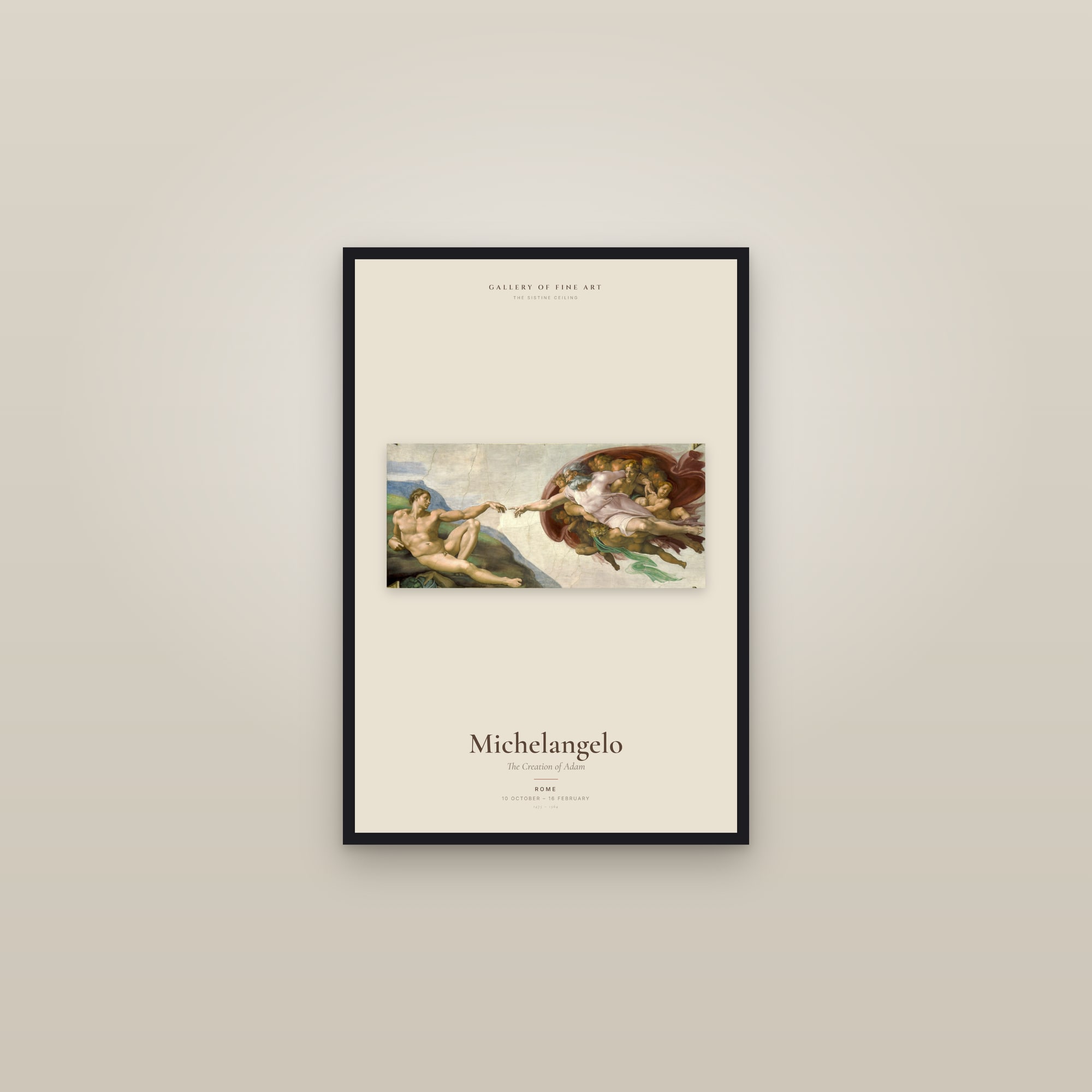 The Creation of Adam — Exhibition Poster — framed in a gallery setting