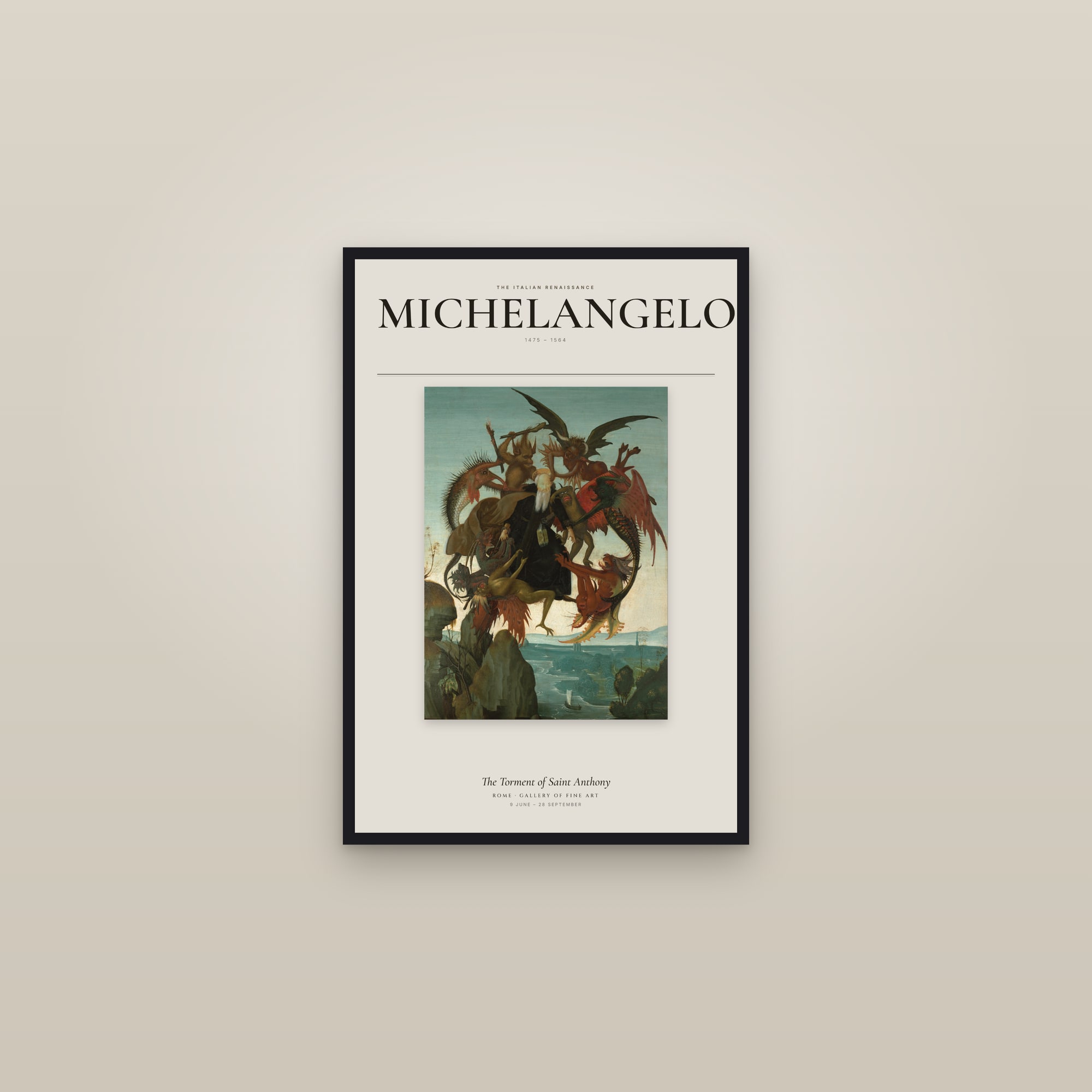 The Torment of Saint Anthony — Exhibition Poster — framed in a gallery setting