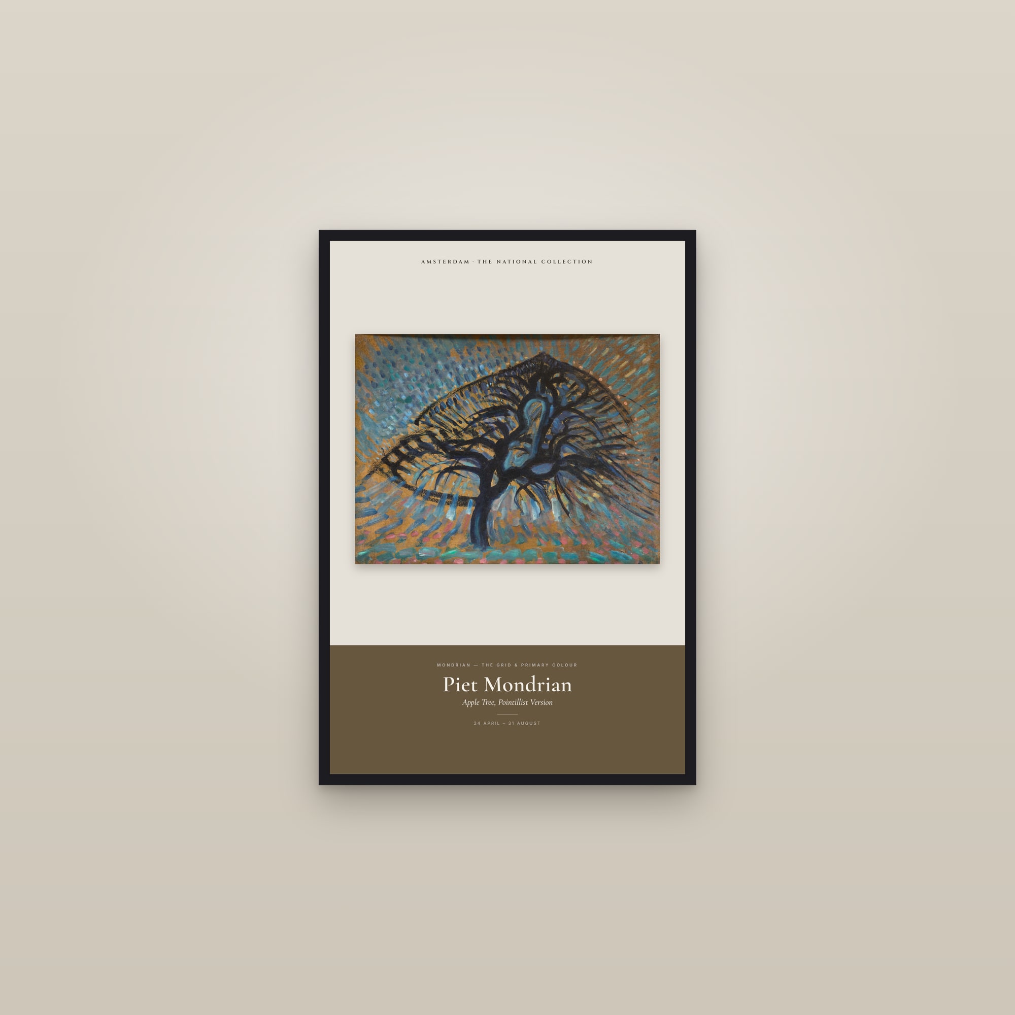 Apple Tree, Pointillist Version — Exhibition Poster — framed in a gallery setting