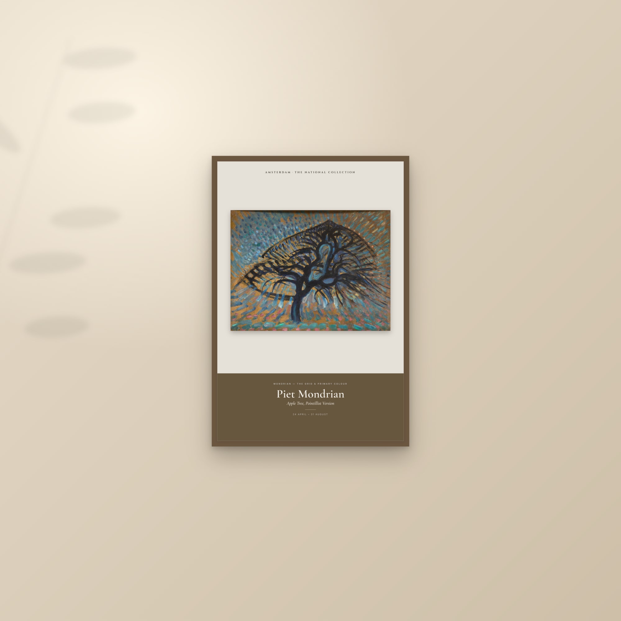 Apple Tree, Pointillist Version — Exhibition Poster — framed and styled on a sunlit wall