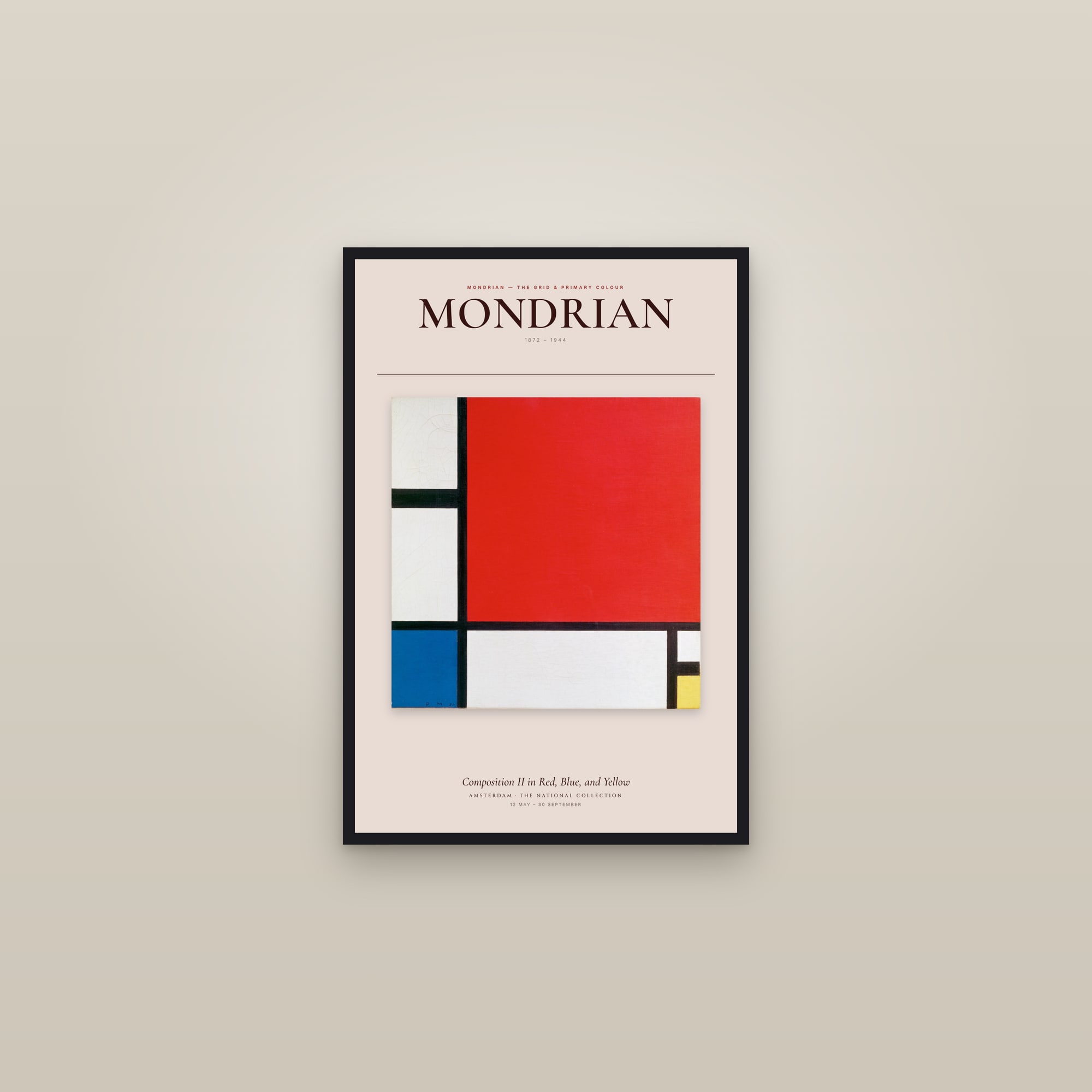 Composition II in Red, Blue, and Yellow — Exhibition Poster — framed in a gallery setting
