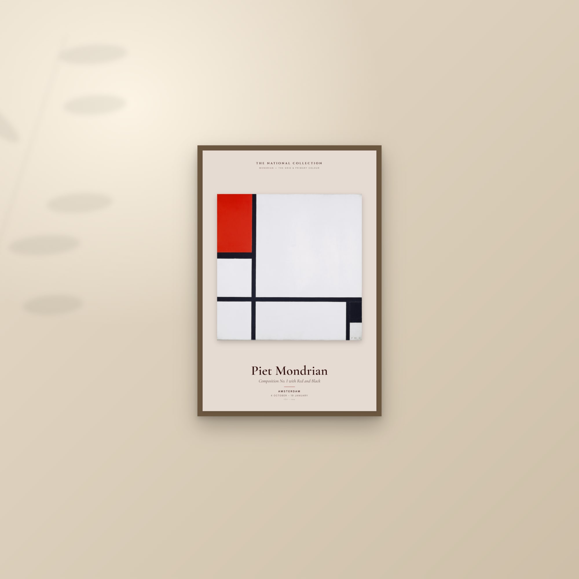 Composition No. I with Red and Black — Exhibition Poster — framed and styled on a sunlit wall