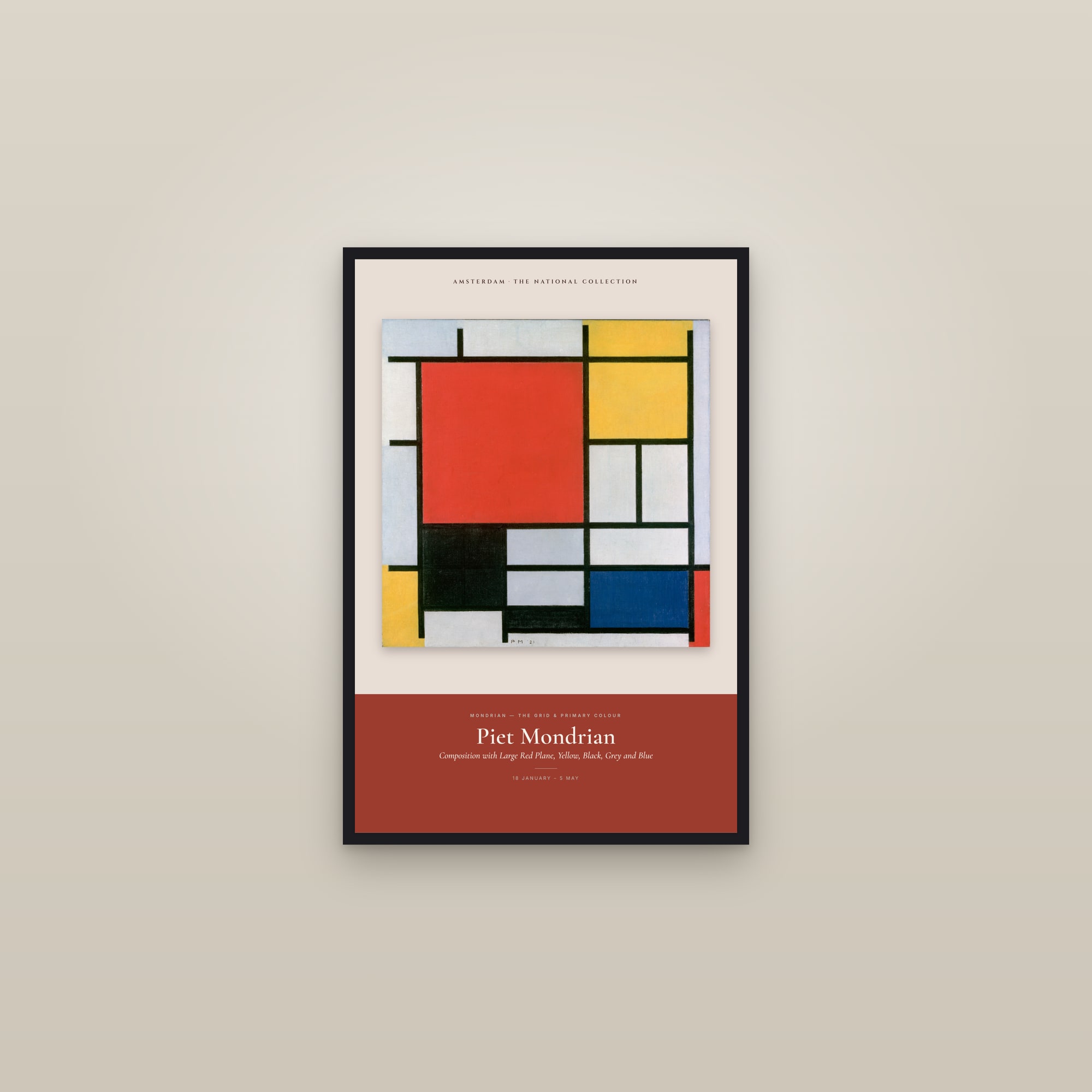 Composition with Large Red Plane, Yellow, Black, Grey and Blue — Exhibition Poster — framed in a gallery setting