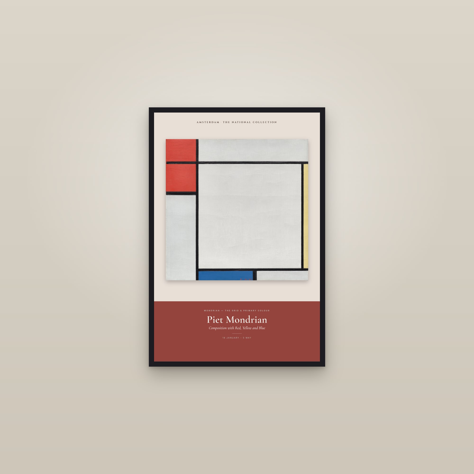 Composition with Red, Yellow and Blue — Exhibition Poster — framed in a gallery setting