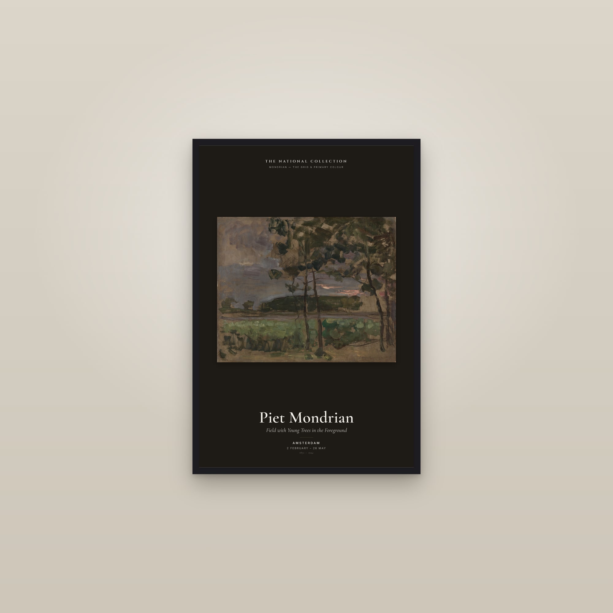 Field with Young Trees in the Foreground — Exhibition Poster — framed in a gallery setting