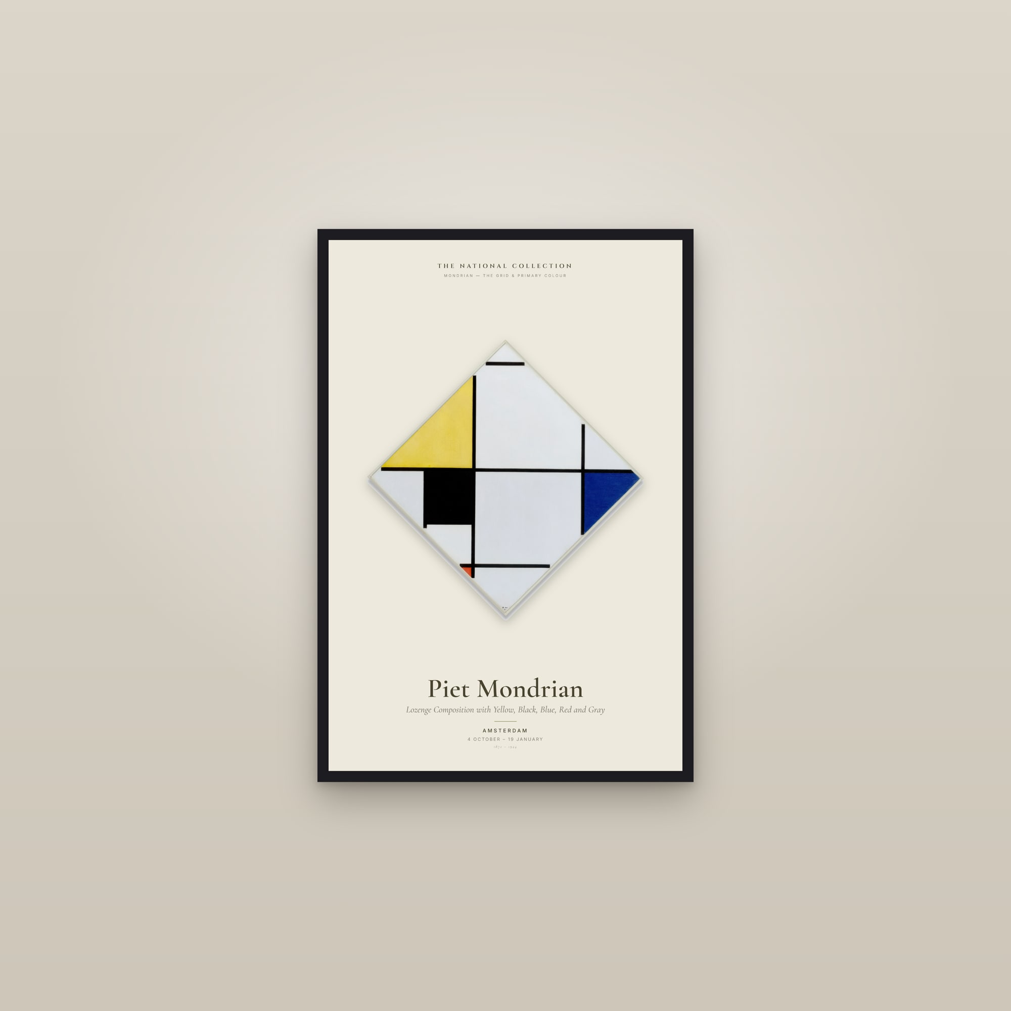 Lozenge Composition with Yellow, Black, Blue, Red and Gray — Exhibition Poster — framed in a gallery setting
