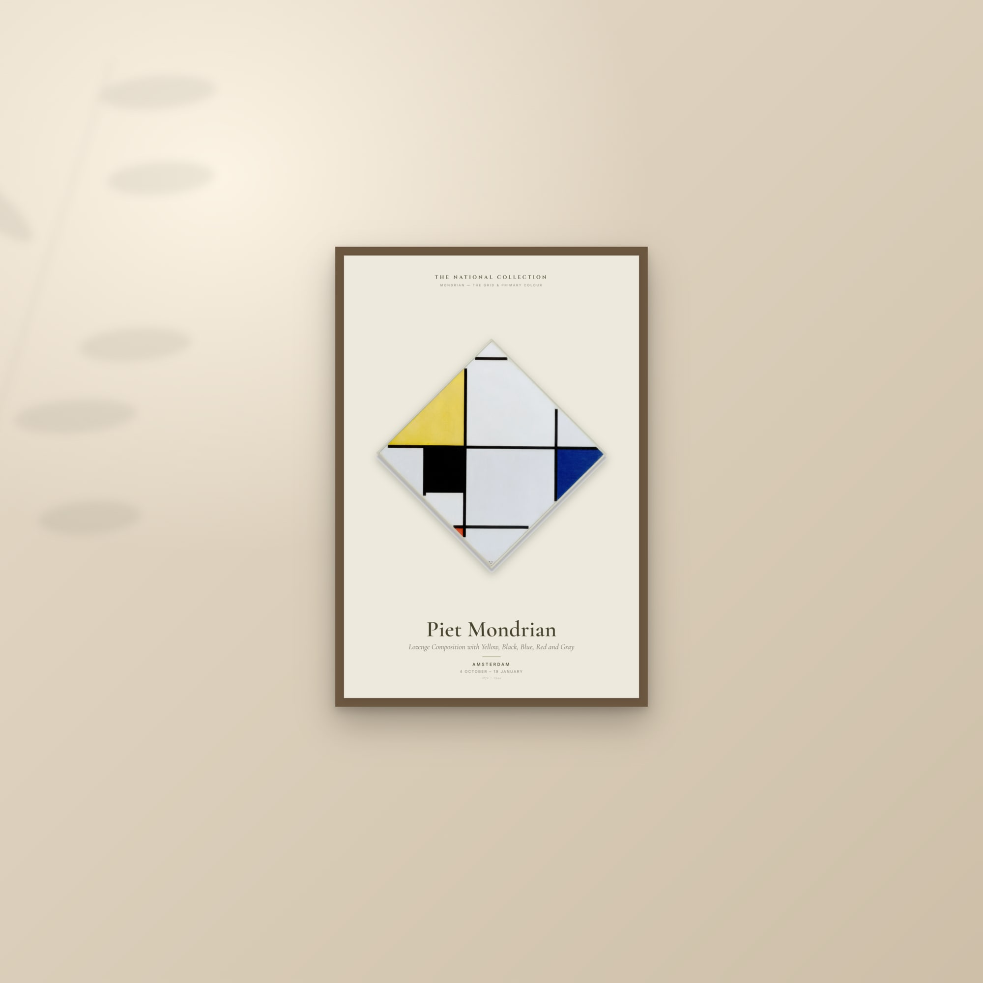 Lozenge Composition with Yellow, Black, Blue, Red and Gray — Exhibition Poster — framed and styled on a sunlit wall