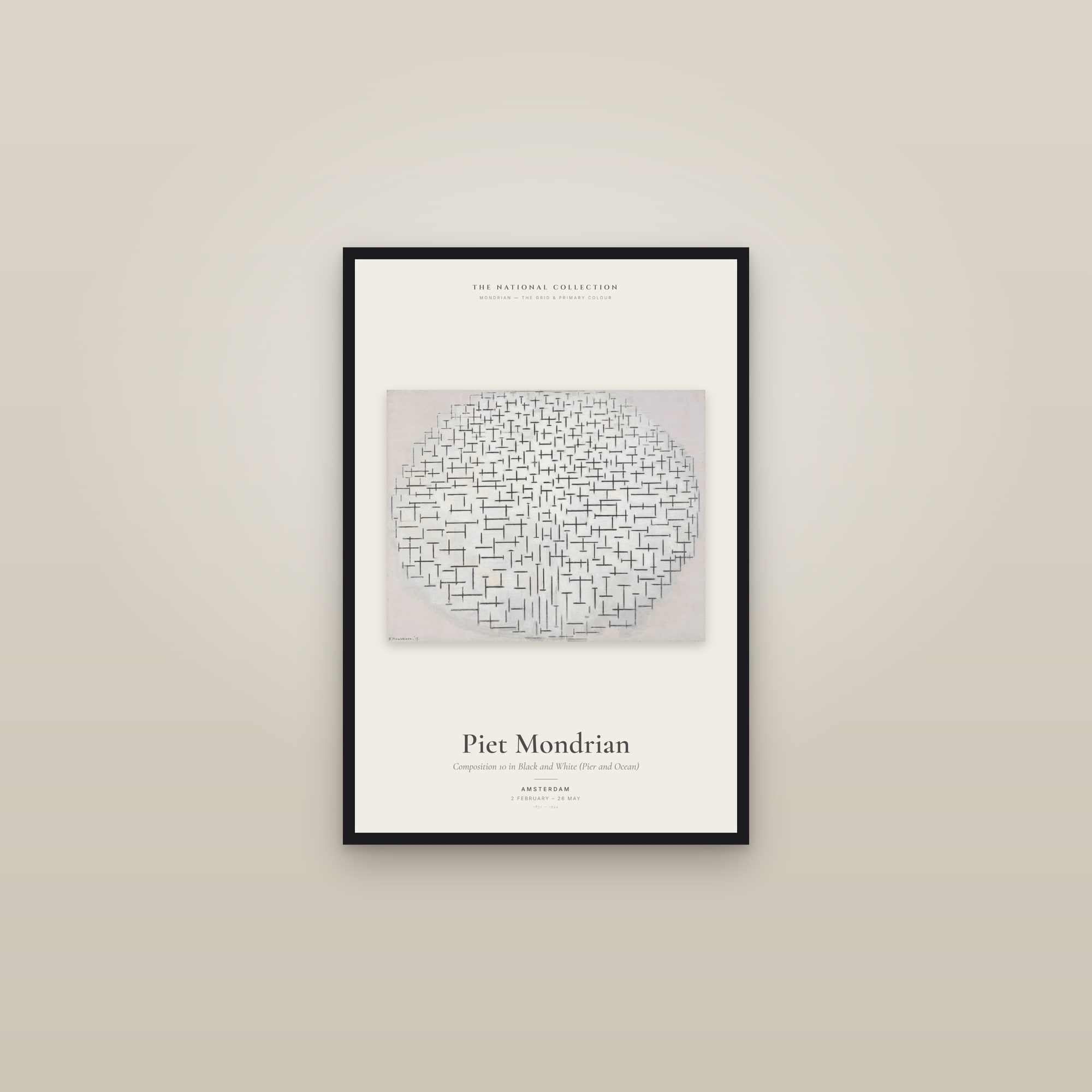 Composition 10 in Black and White (Pier and Ocean) — Exhibition Poster — framed in a gallery setting