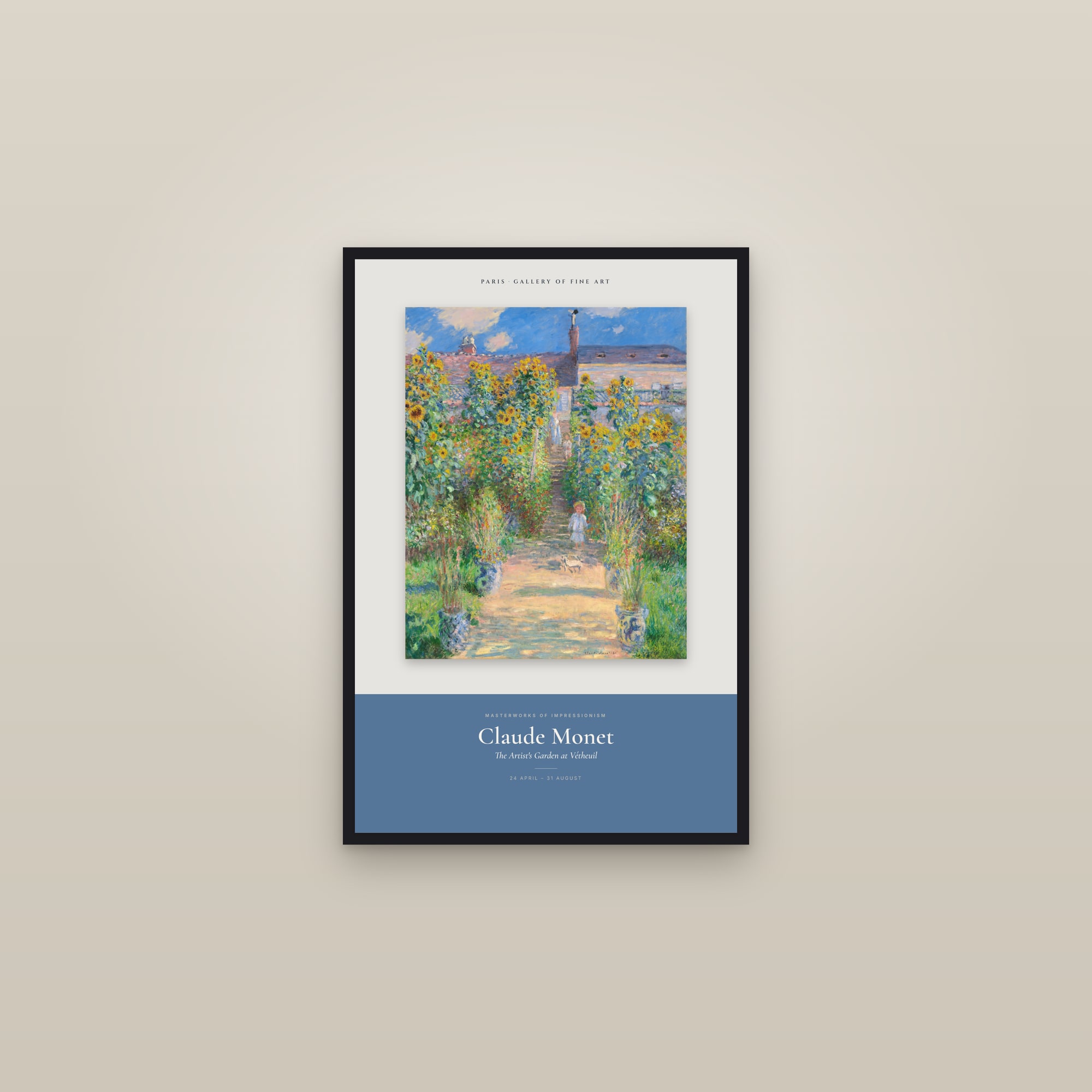 The Artist's Garden at Vétheuil — Exhibition Poster — framed in a gallery setting